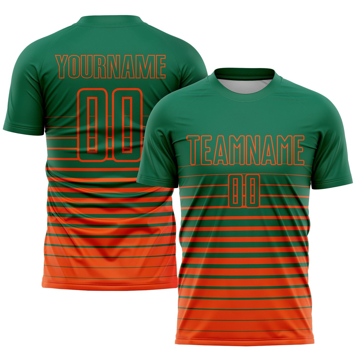 Custom Kelly Green Orange Pinstripe Fade Fashion Sublimation Soccer Uniform Jersey - Main View