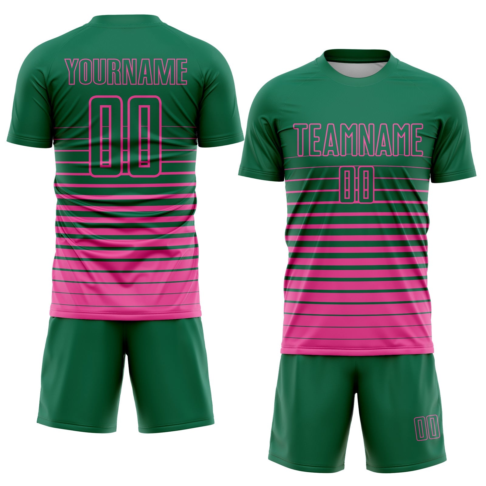 Custom Kelly Green Pink Pinstripe Fade Fashion Sublimation Soccer Uniform Jersey view 2
