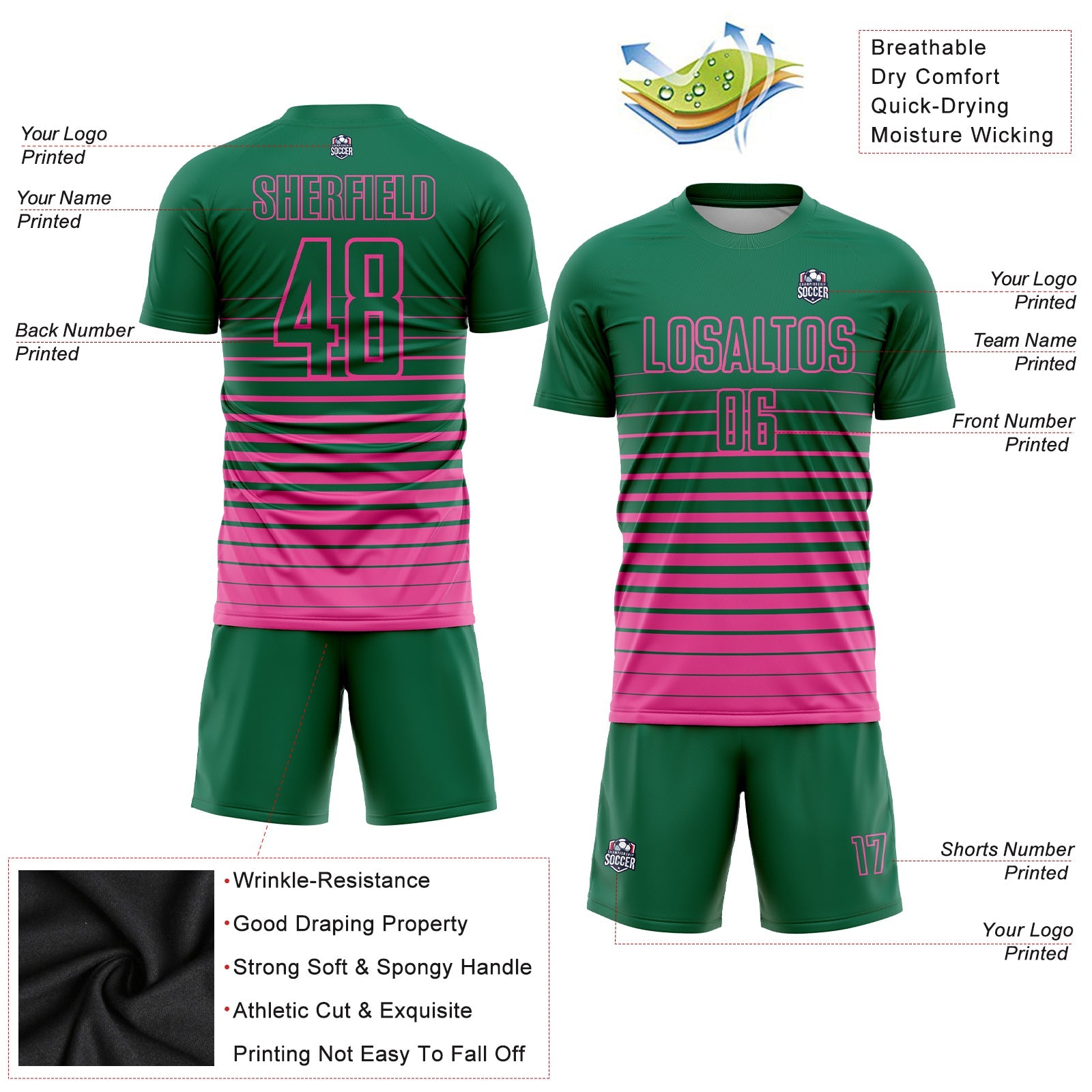 Custom Kelly Green Pink Pinstripe Fade Fashion Sublimation Soccer Uniform Jersey view 3