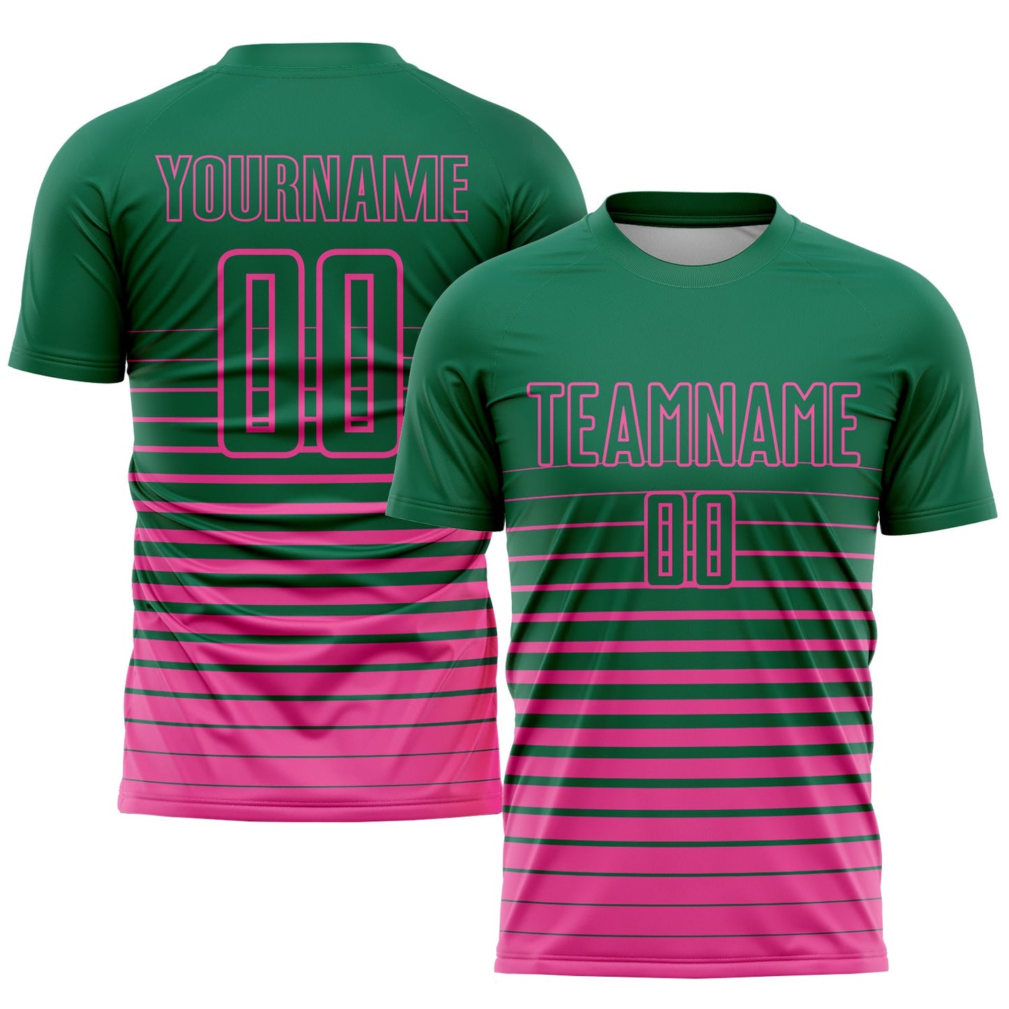 Custom Kelly Green Pink Pinstripe Fade Fashion Sublimation Soccer Uniform Jersey - Main View