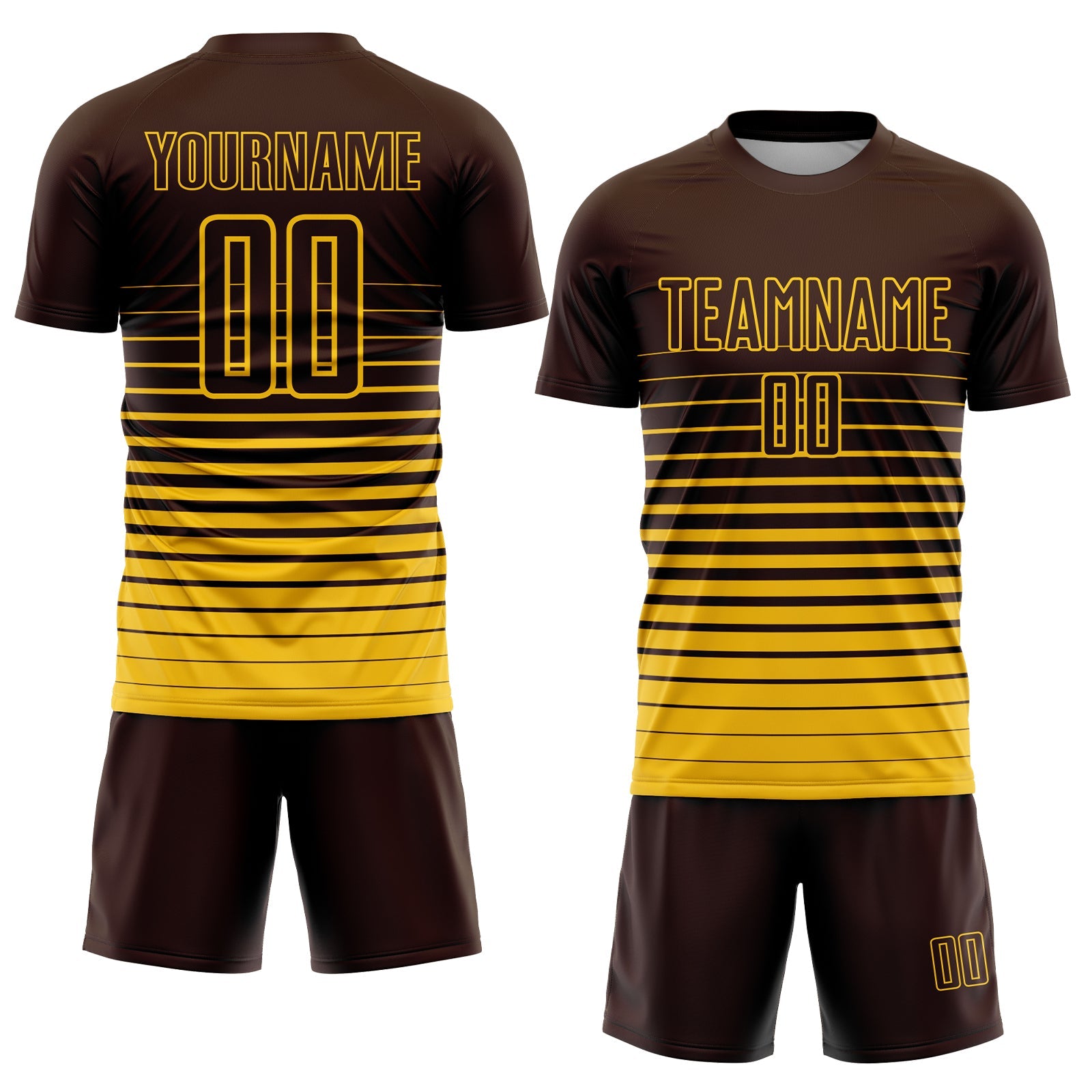 Custom Brown Yellow Pinstripe Fade Fashion Sublimation Soccer Uniform Jersey view 2