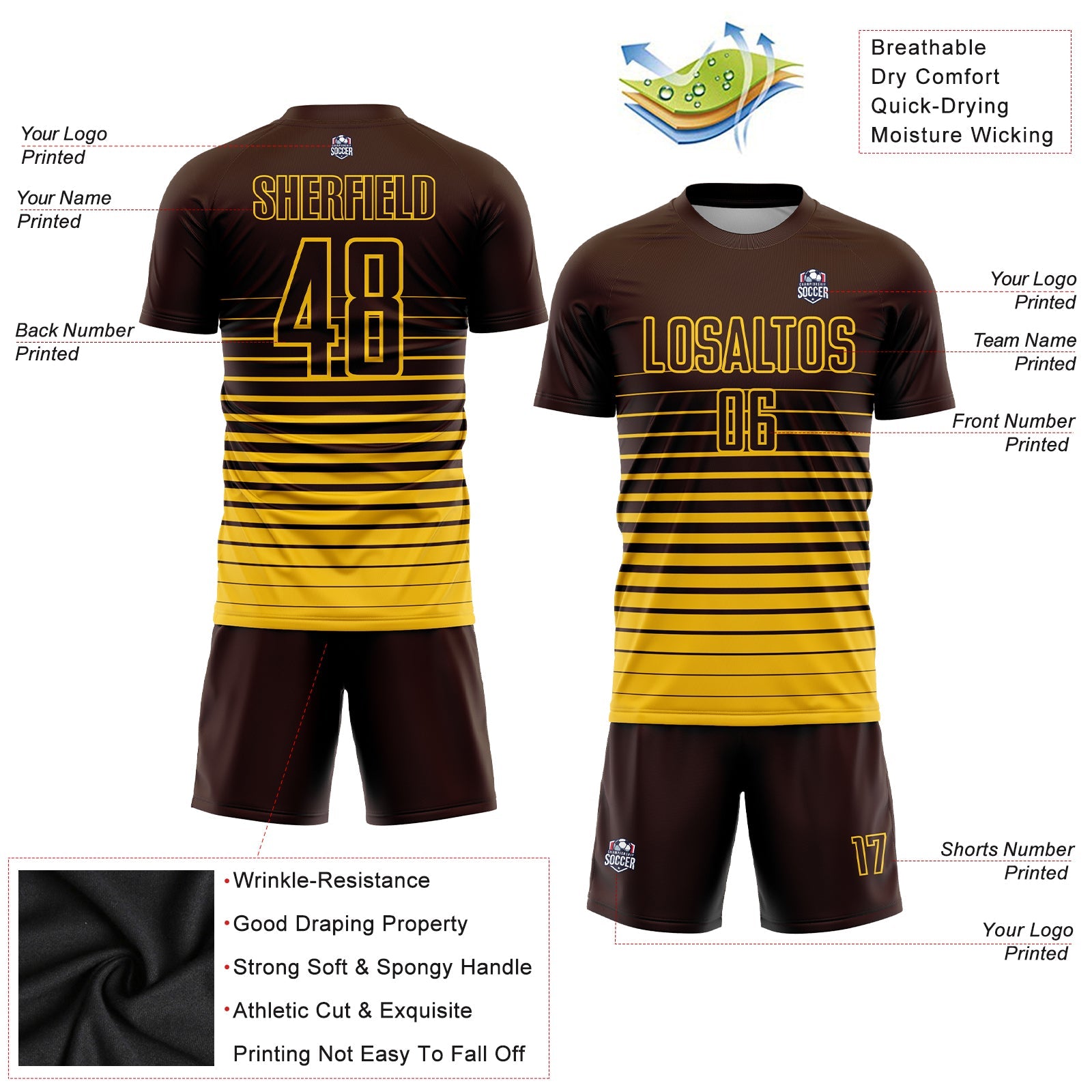 Custom Brown Yellow Pinstripe Fade Fashion Sublimation Soccer Uniform Jersey view 3