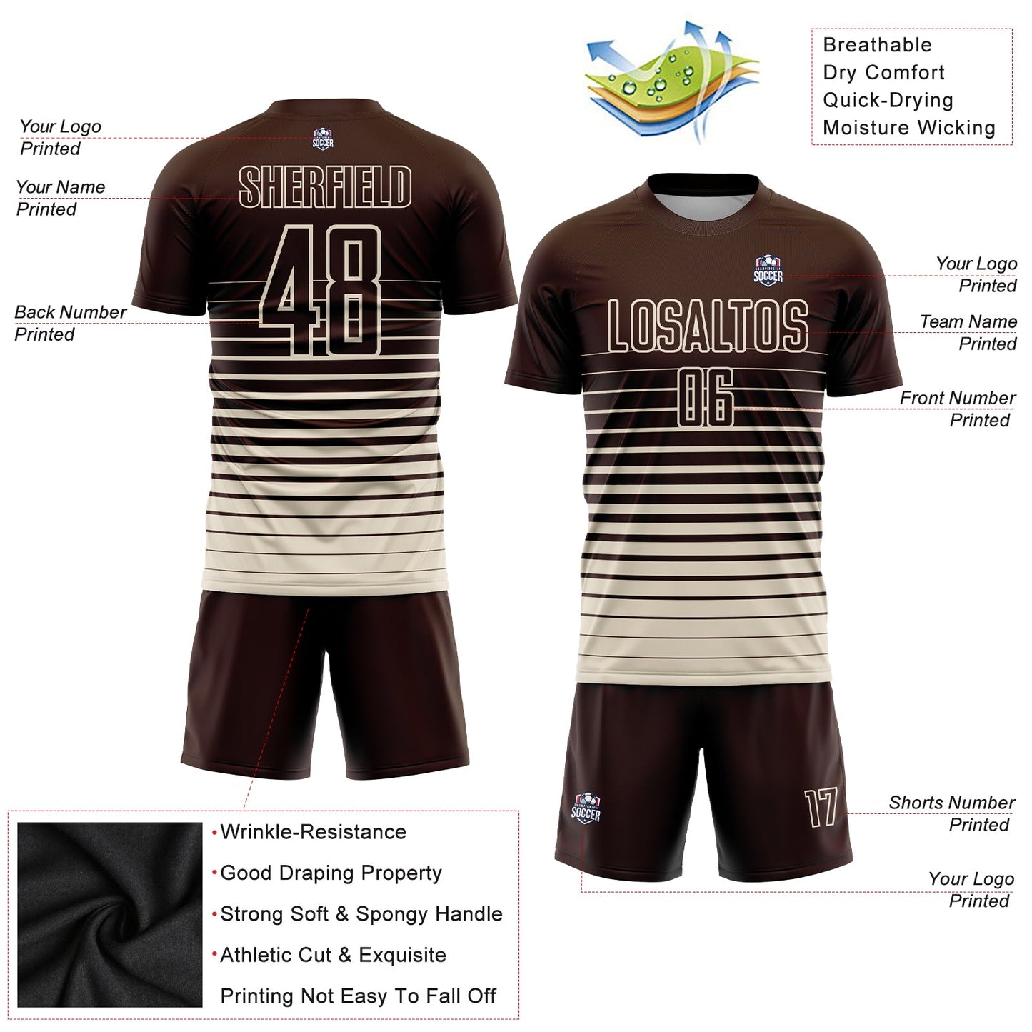 Custom Brown Cream Pinstripe Fade Fashion Sublimation Soccer Uniform Jersey view 3