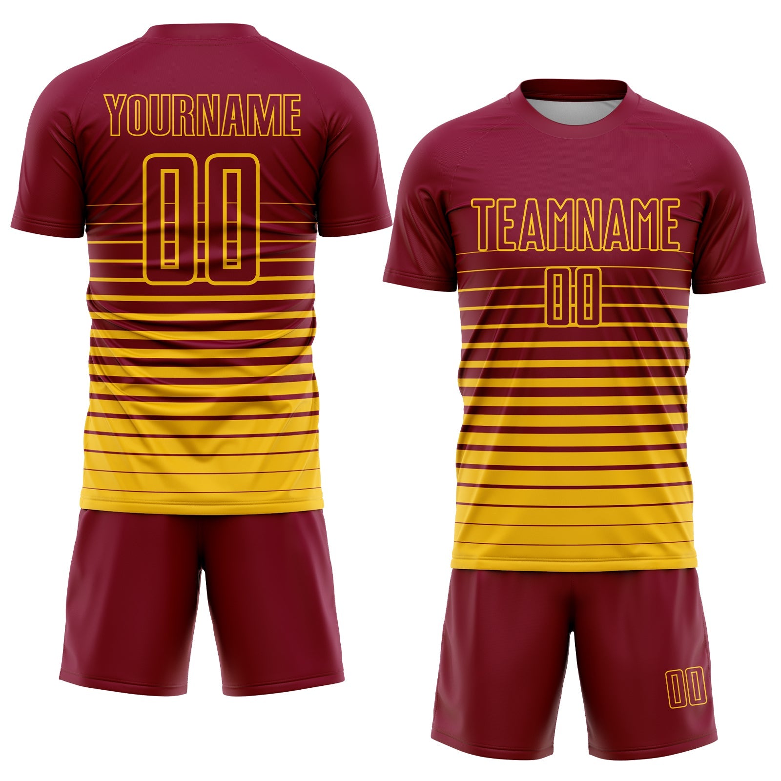 Custom Maroon Yellow Pinstripe Fade Fashion Sublimation Soccer Uniform Jersey view 2