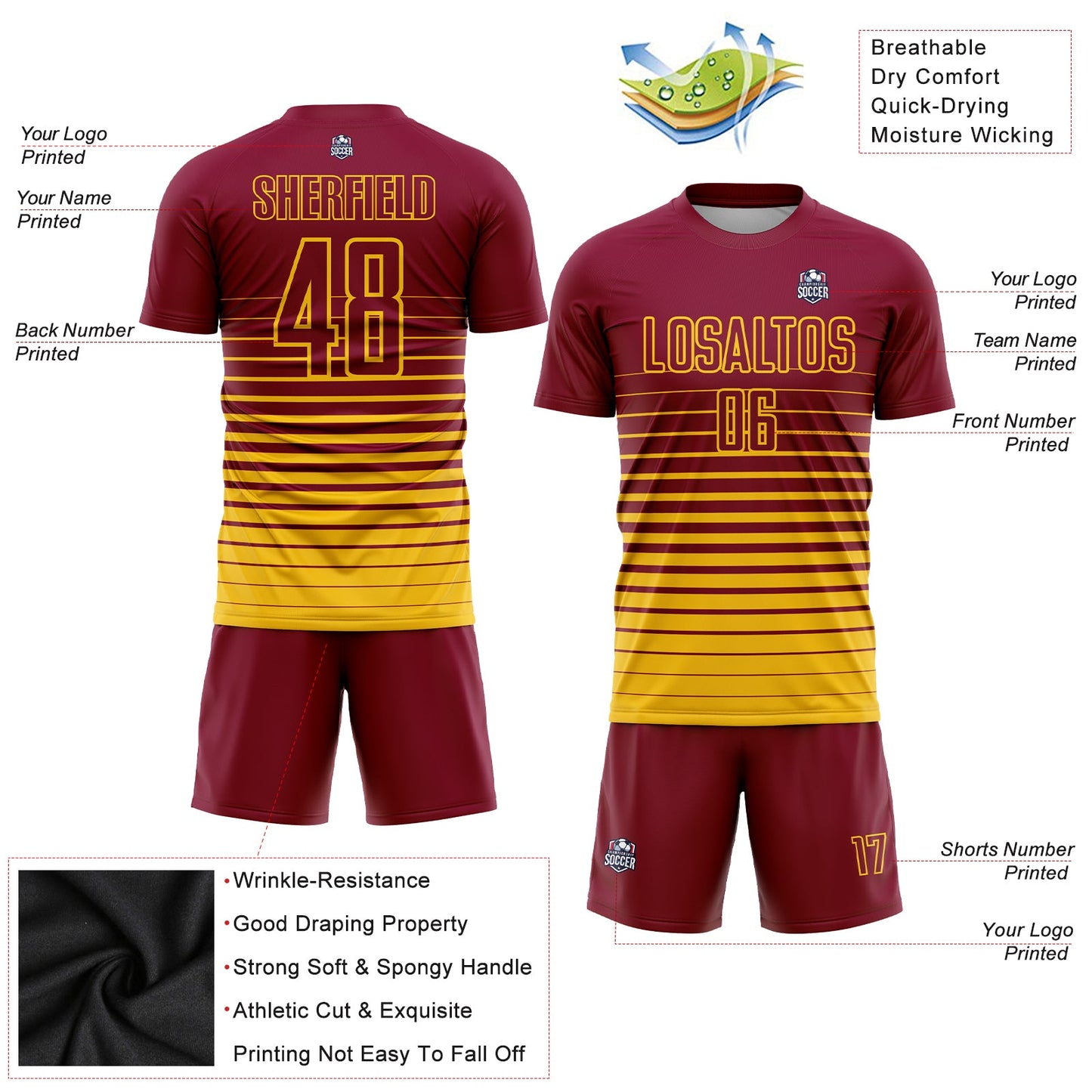 Custom Maroon Yellow Pinstripe Fade Fashion Sublimation Soccer Uniform Jersey view 3