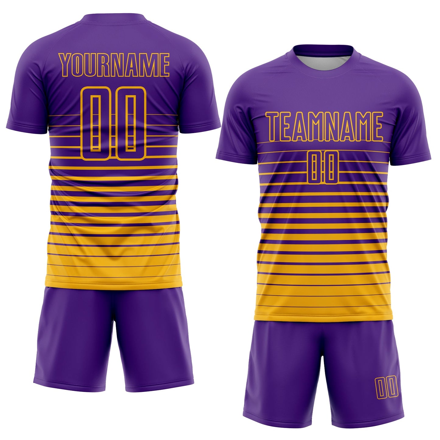 Custom Purple Gold Pinstripe Fade Fashion Sublimation Soccer Uniform Jersey view 2