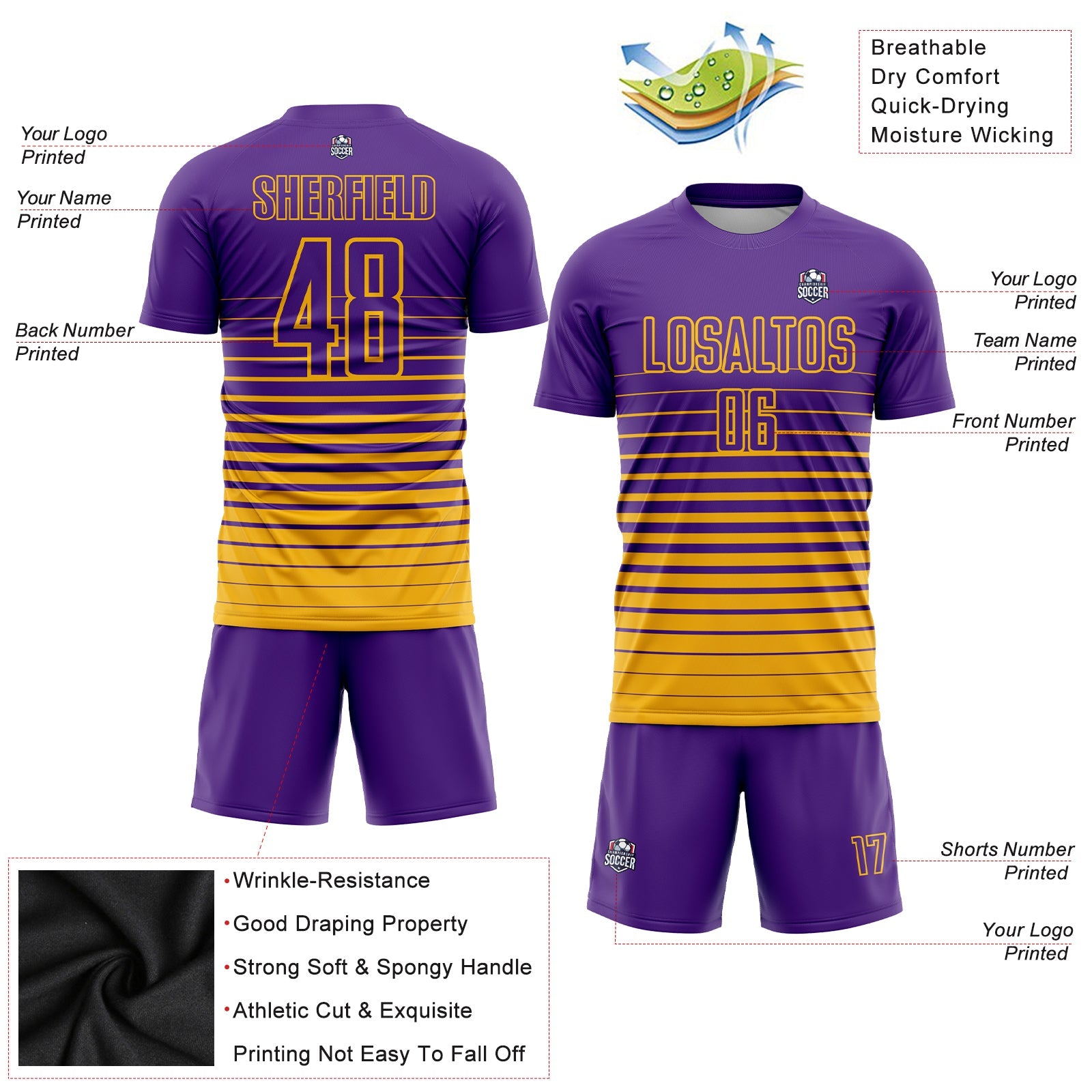 Custom Purple Gold Pinstripe Fade Fashion Sublimation Soccer Uniform Jersey view 3