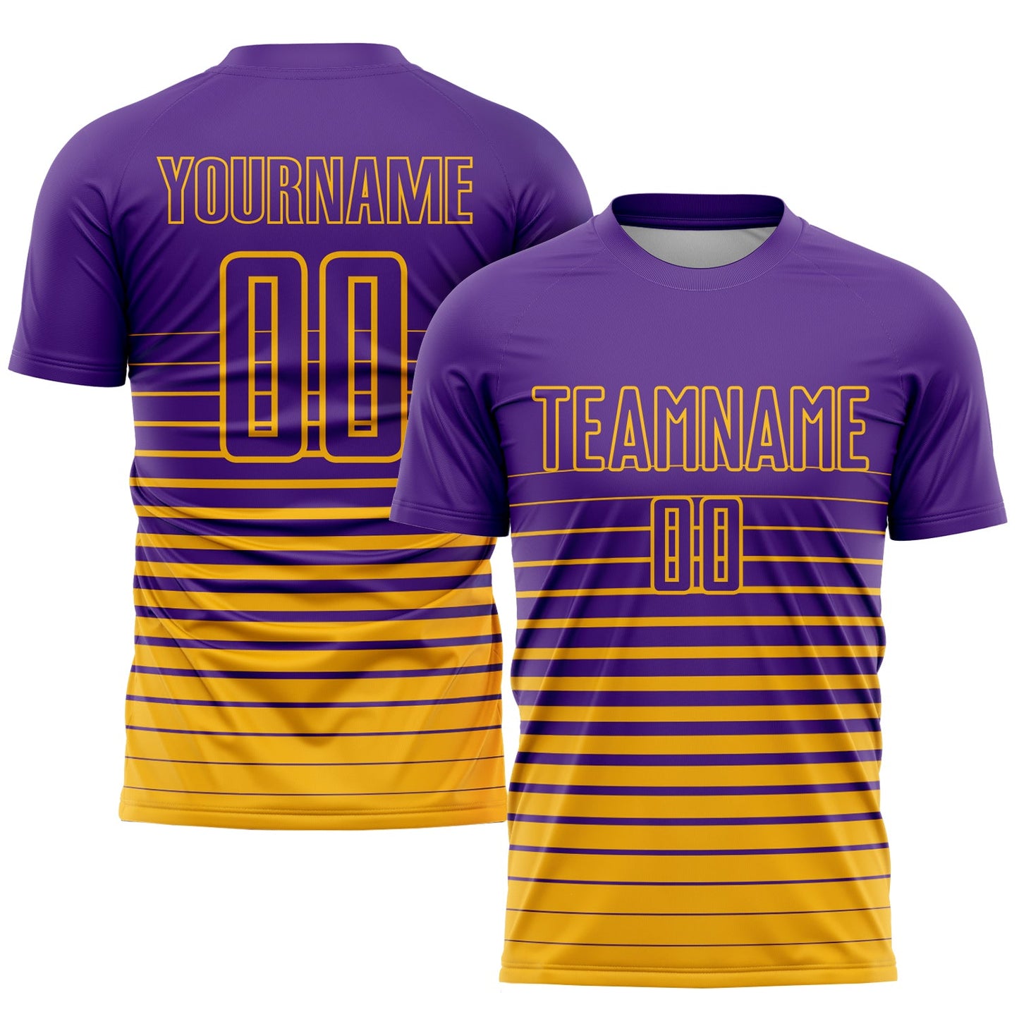 Custom Purple Gold Pinstripe Fade Fashion Sublimation Soccer Uniform Jersey - Main View