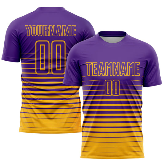 Custom Purple Gold Pinstripe Fade Fashion Sublimation Soccer Uniform Jersey - Main View