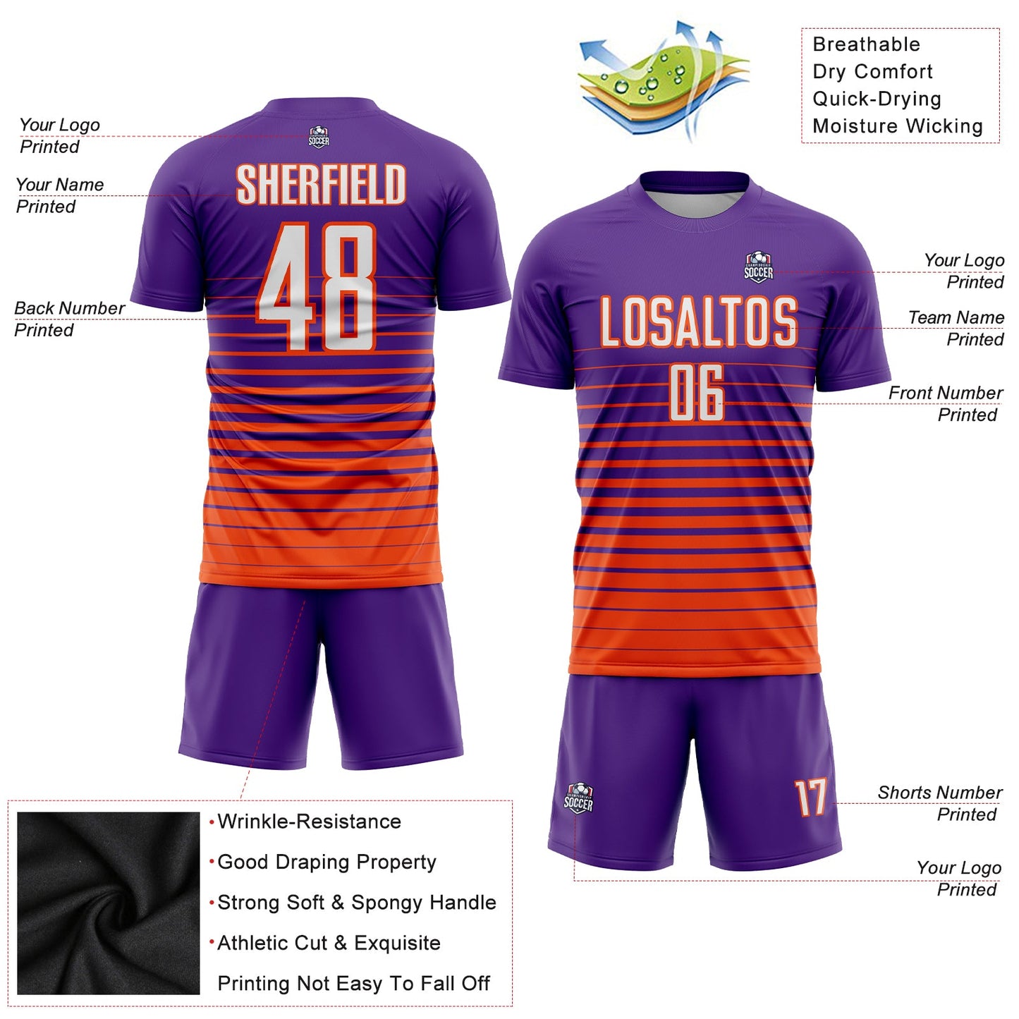 Custom Purple White-Orange Pinstripe Fade Fashion Sublimation Soccer Uniform Jersey view 3