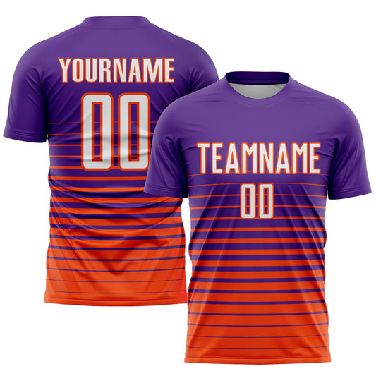 Custom Purple White-Orange Pinstripe Fade Fashion Sublimation Soccer Uniform Jersey - Main View