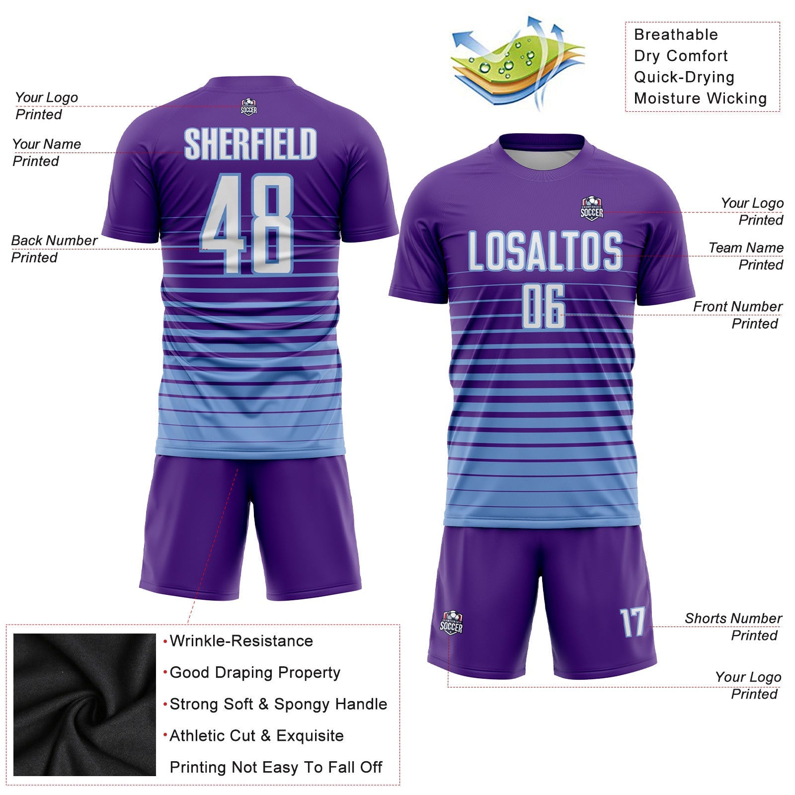 Custom Purple White-Light Blue Pinstripe Fade Fashion Sublimation Soccer Uniform Jersey view 3