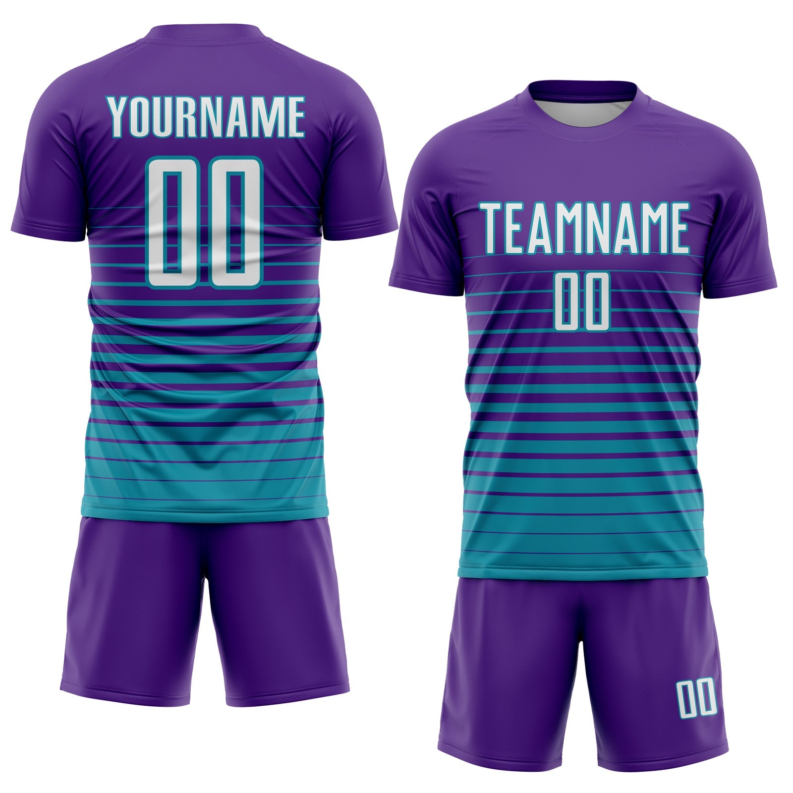 Custom Purple White-Teal Pinstripe Fade Fashion Sublimation Soccer Uniform Jersey view 2