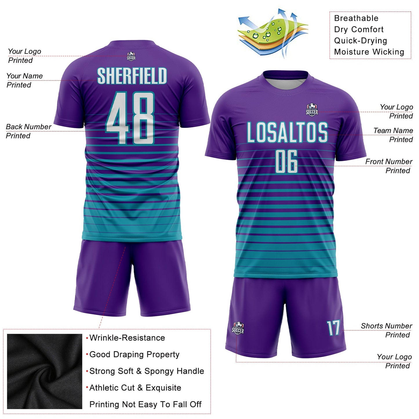 Custom Purple White-Teal Pinstripe Fade Fashion Sublimation Soccer Uniform Jersey view 3