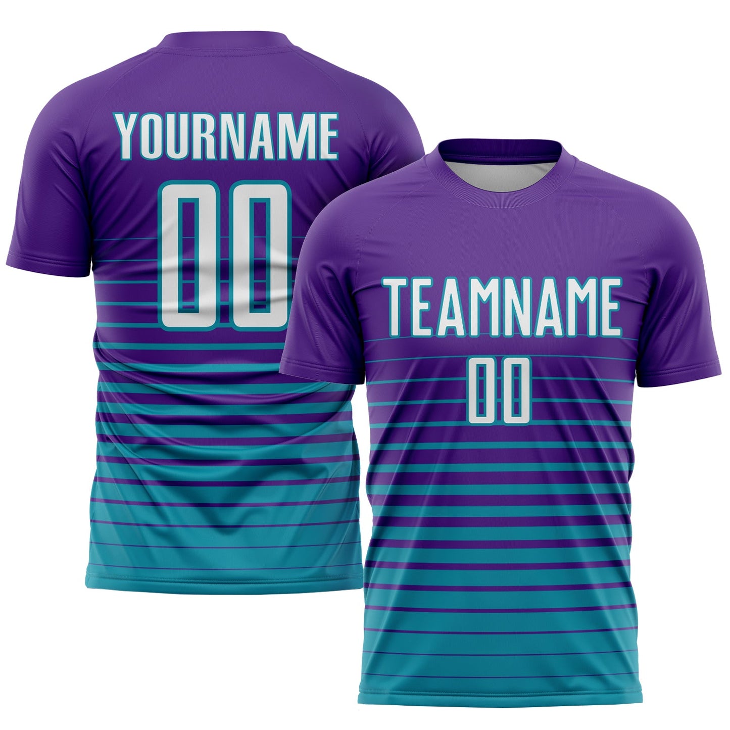 Custom Purple White-Teal Pinstripe Fade Fashion Sublimation Soccer Uniform Jersey - Main View