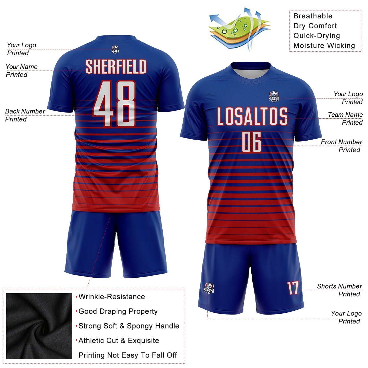 Custom Royal White-Red Pinstripe Fade Fashion Sublimation Soccer Uniform Jersey view 3