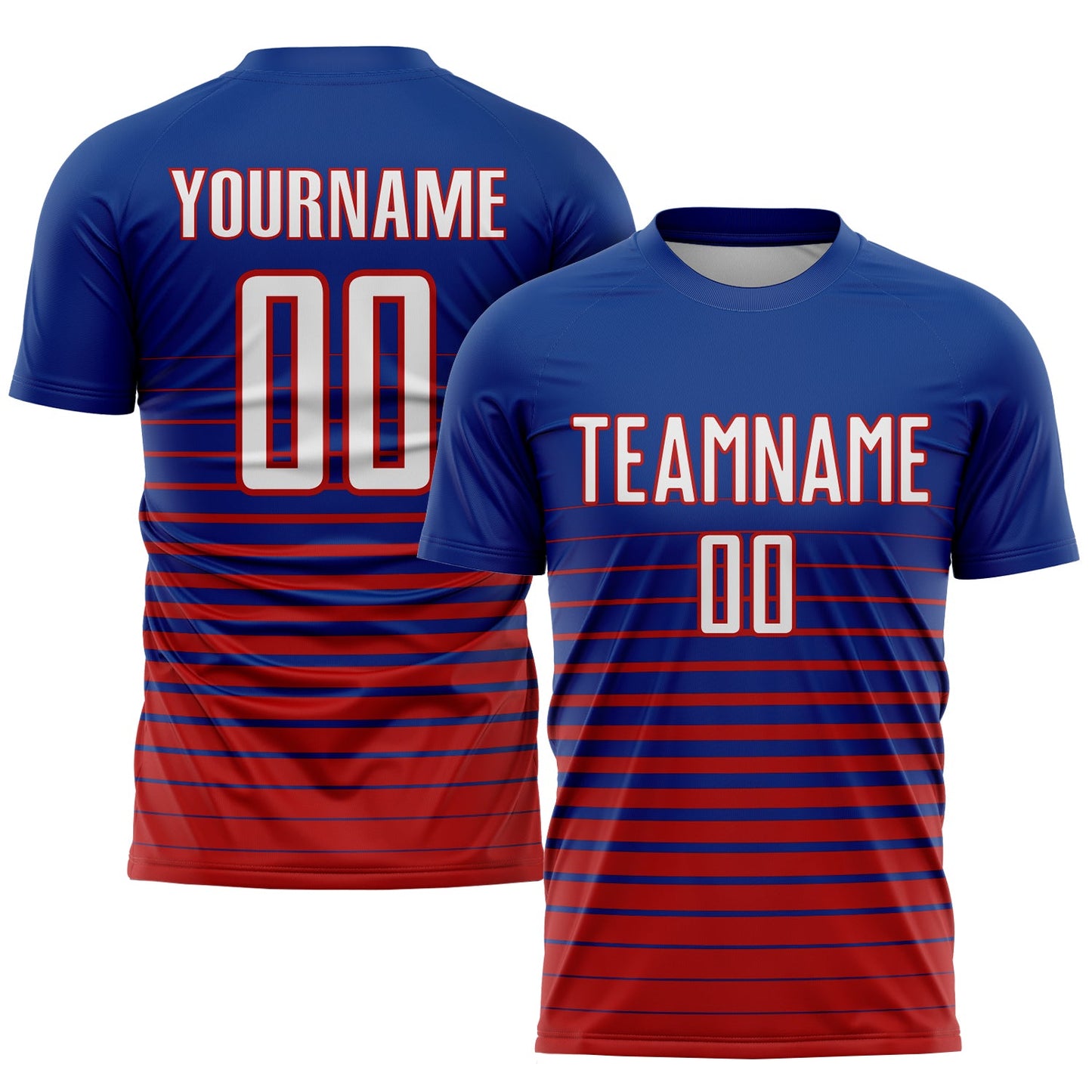 Custom Royal White-Red Pinstripe Fade Fashion Sublimation Soccer Uniform Jersey - Main View