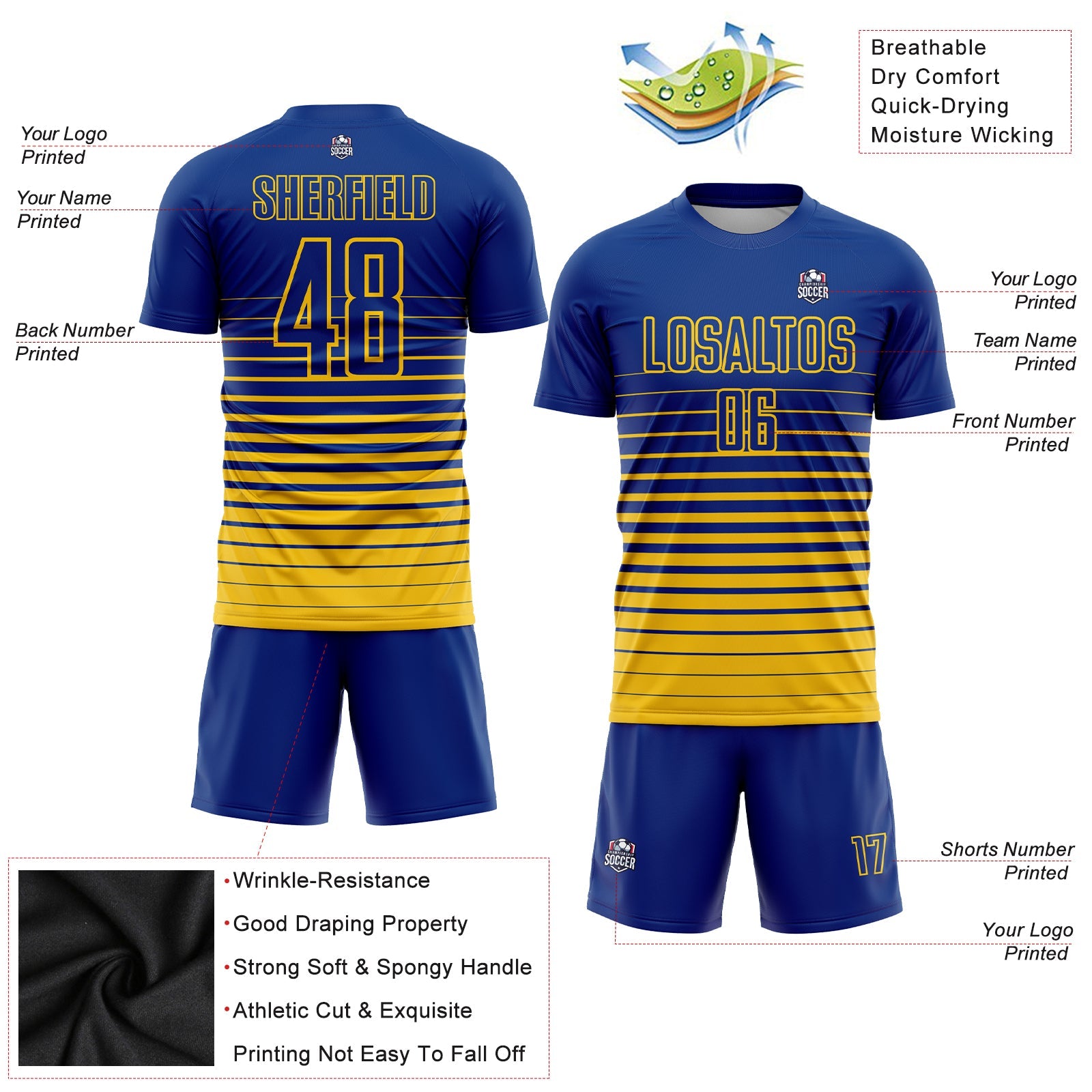 Custom Royal Yellow Pinstripe Fade Fashion Sublimation Soccer Uniform Jersey view 3