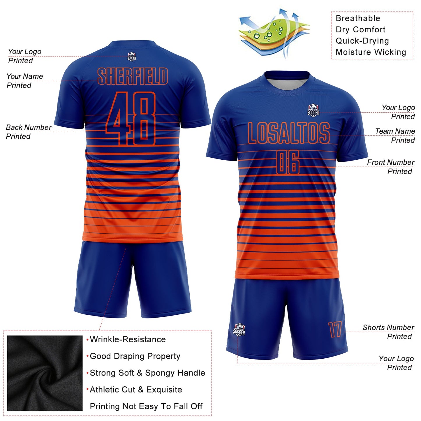 Custom Royal Orange Pinstripe Fade Fashion Sublimation Soccer Uniform Jersey view 3