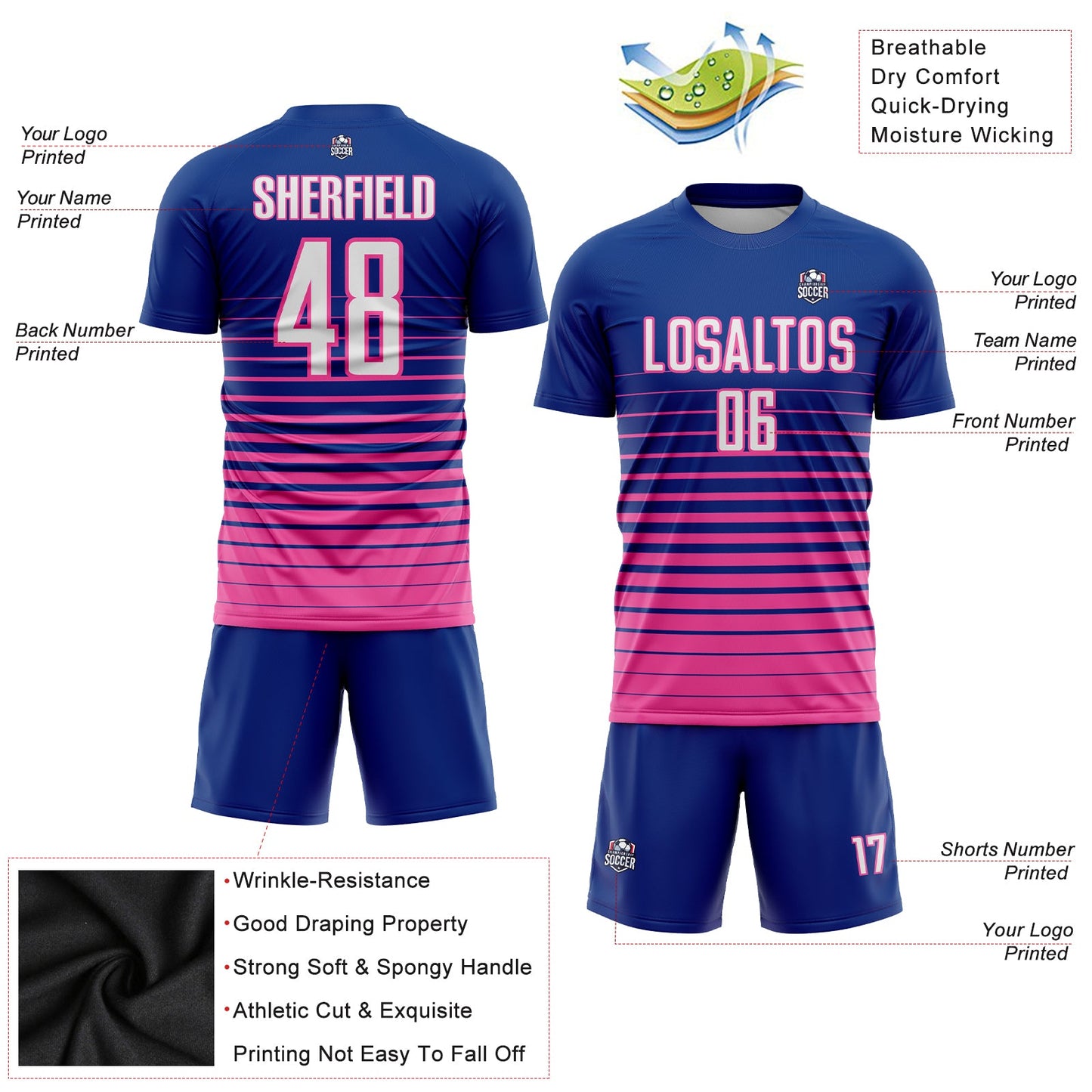 Custom Royal White-Pink Pinstripe Fade Fashion Sublimation Soccer Uniform Jersey view 3