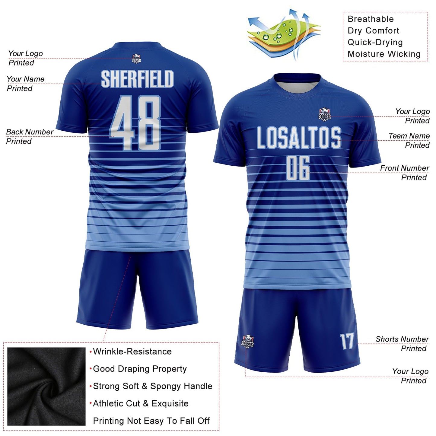 Custom Royal White-Light Blue Pinstripe Fade Fashion Sublimation Soccer Uniform Jersey view 3