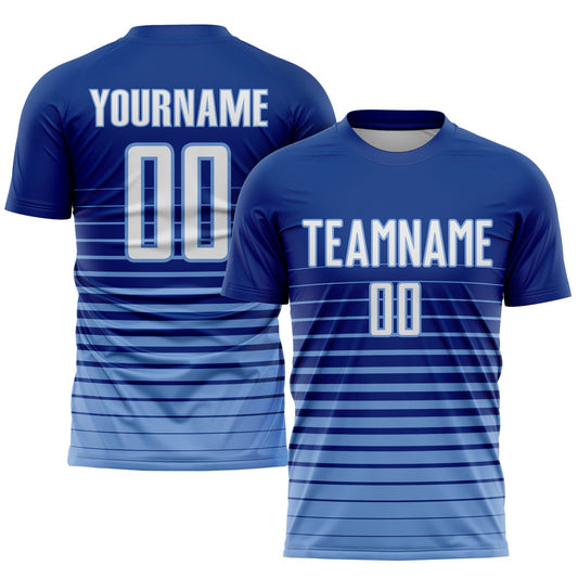 Custom Royal White-Light Blue Pinstripe Fade Fashion Sublimation Soccer Uniform Jersey - Main View