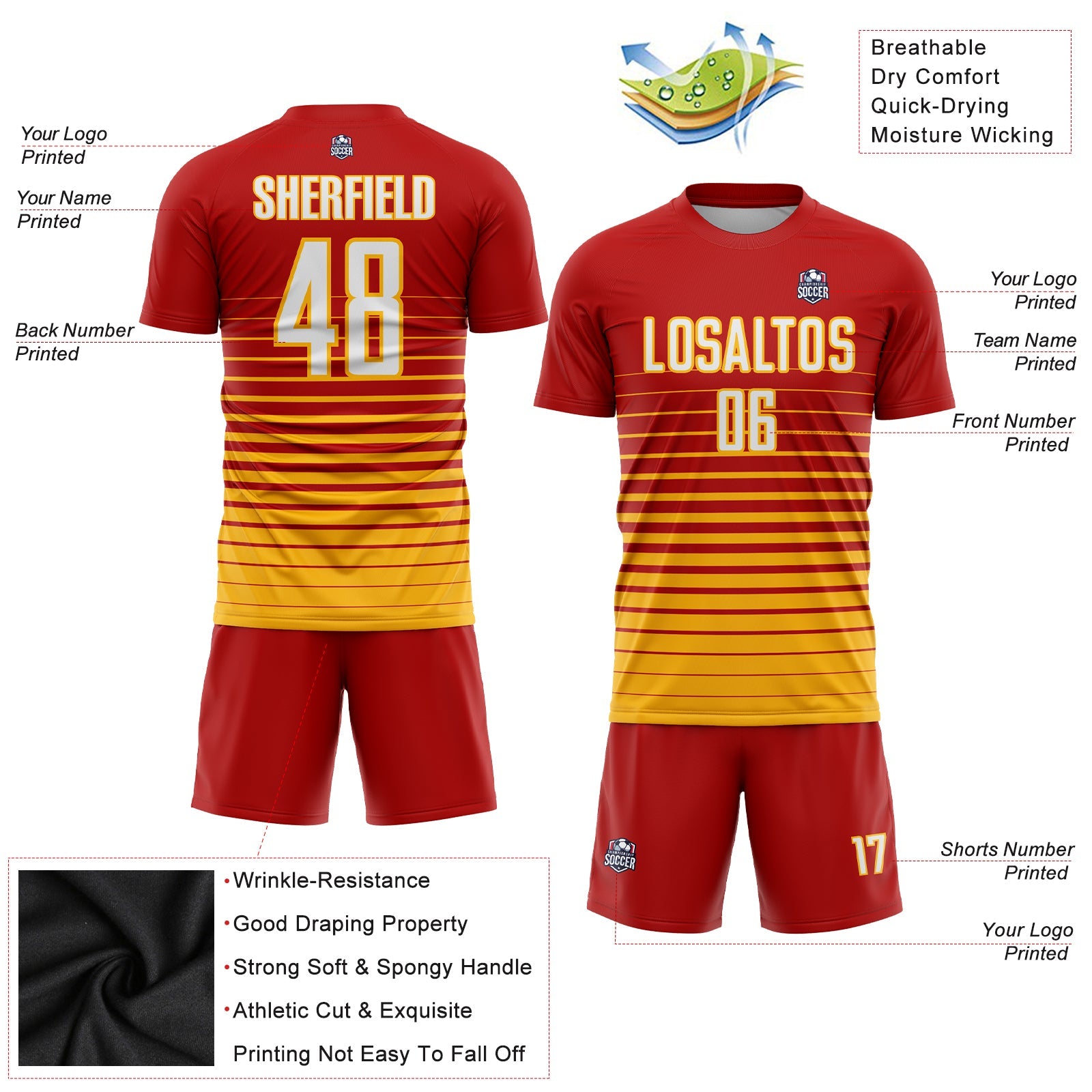 Custom Red White-Gold Pinstripe Fade Fashion Sublimation Soccer Uniform Jersey view 3
