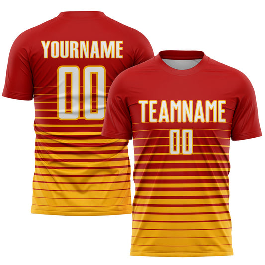 Custom Red White-Gold Pinstripe Fade Fashion Sublimation Soccer Uniform Jersey - Main View