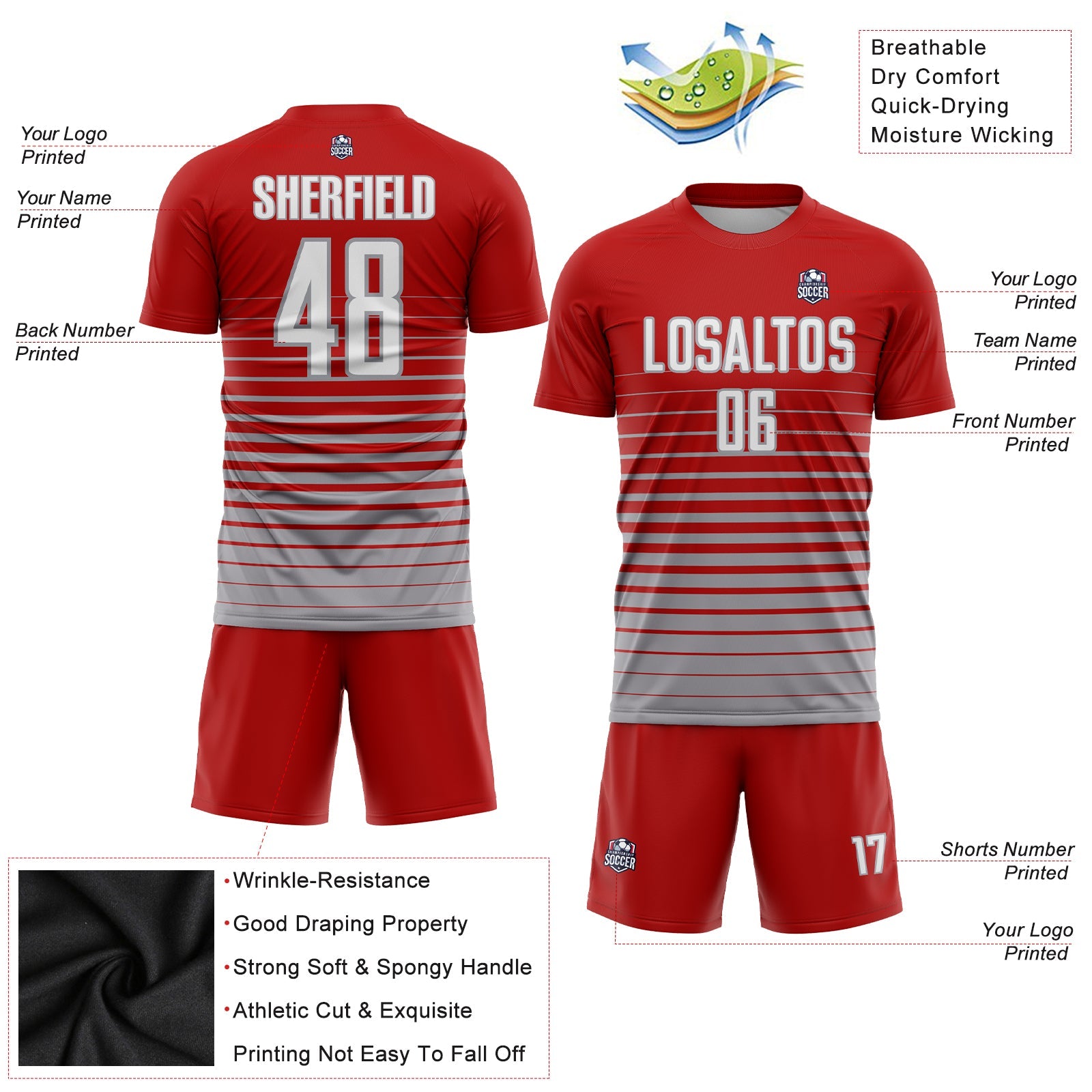 Custom Red White-Gray Pinstripe Fade Fashion Sublimation Soccer Uniform Jersey view 3