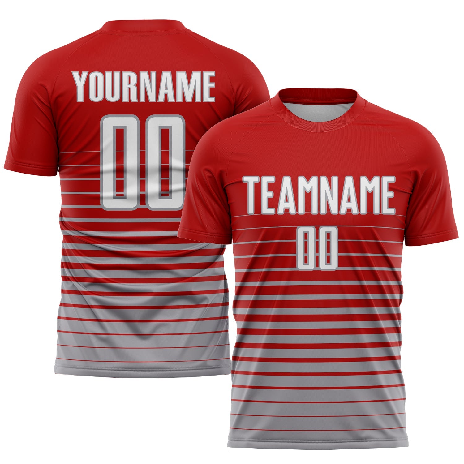 Custom Red White-Gray Pinstripe Fade Fashion Sublimation Soccer Uniform Jersey - Main View