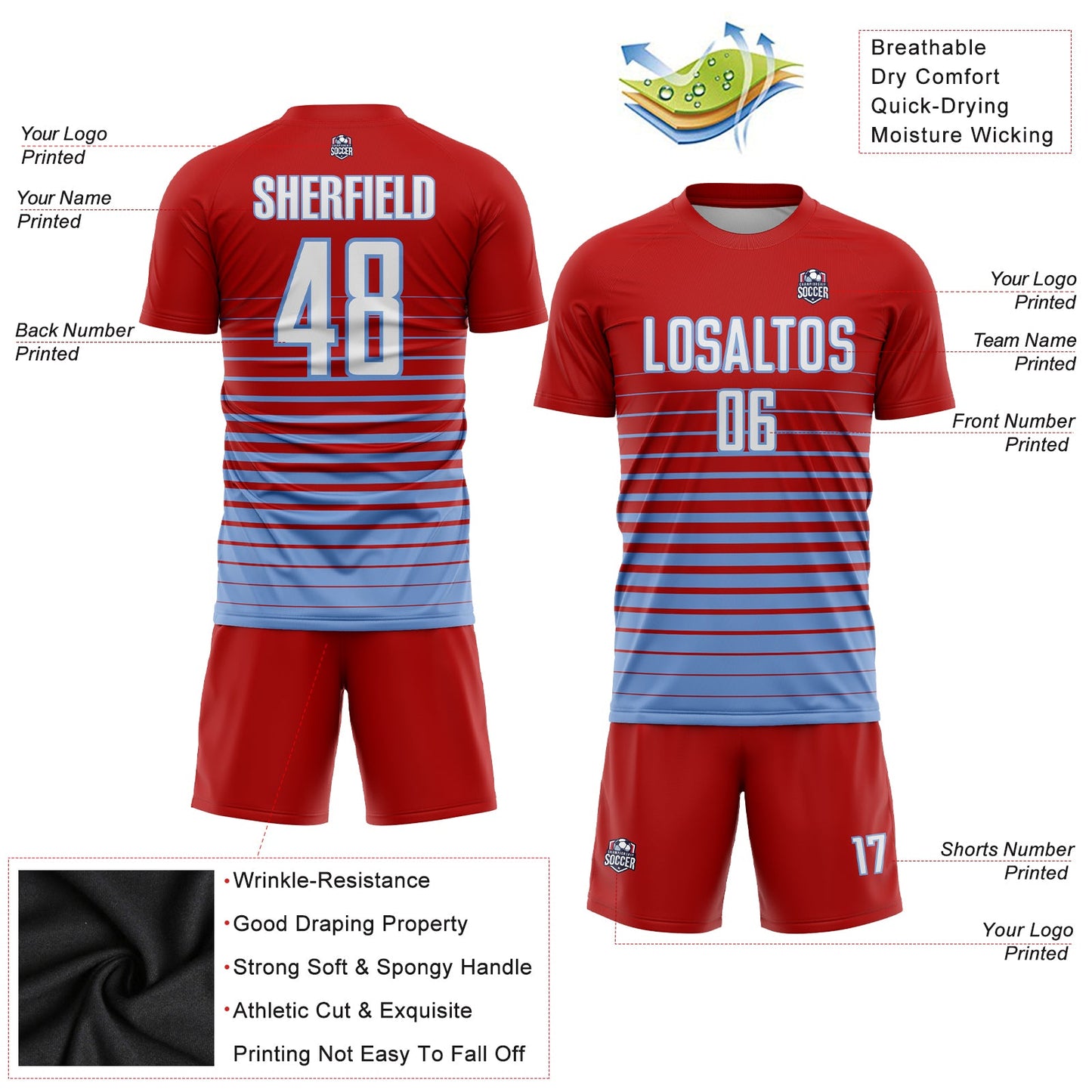 Custom Red White-Light Blue Pinstripe Fade Fashion Sublimation Soccer Uniform Jersey view 3