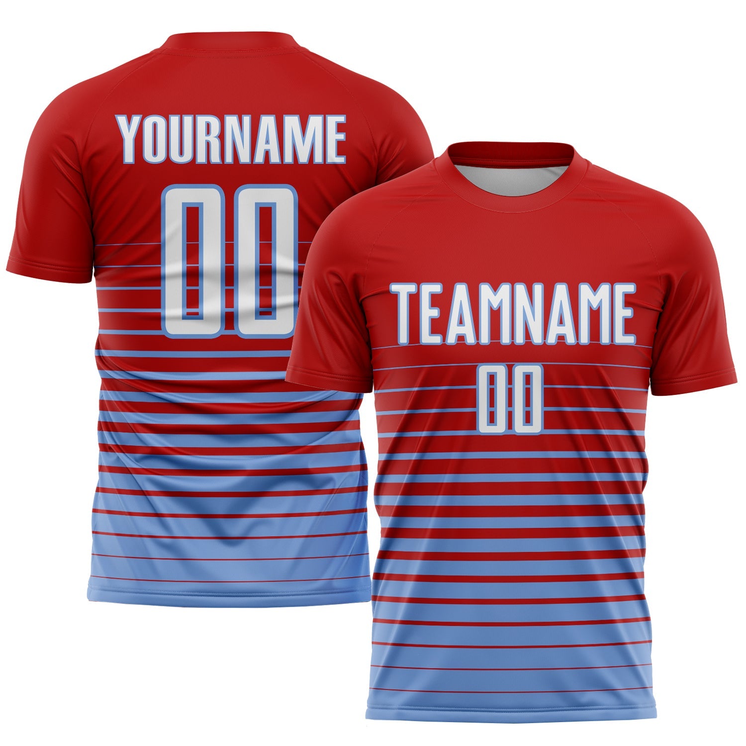 Custom Red White-Light Blue Pinstripe Fade Fashion Sublimation Soccer Uniform Jersey - Main View