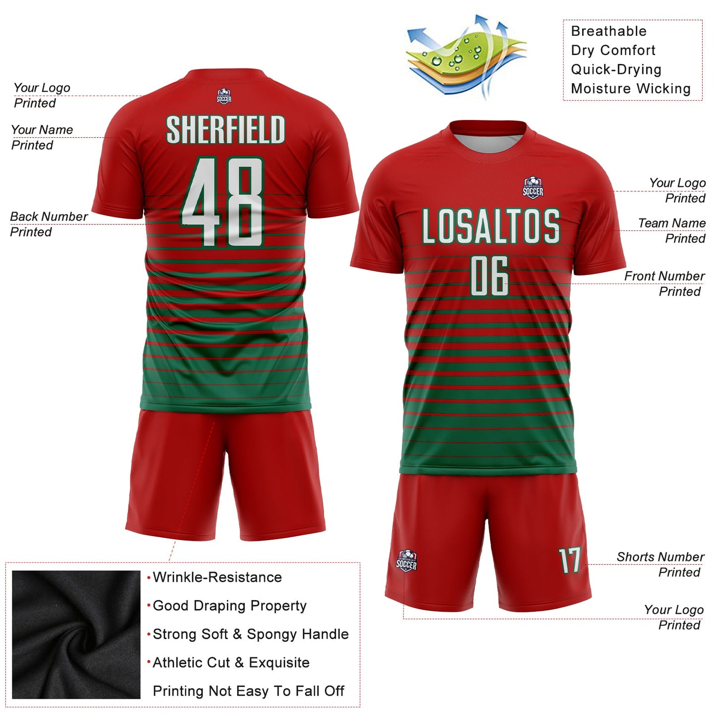Custom Red White-Kelly Green Pinstripe Fade Fashion Sublimation Soccer Uniform Jersey view 3