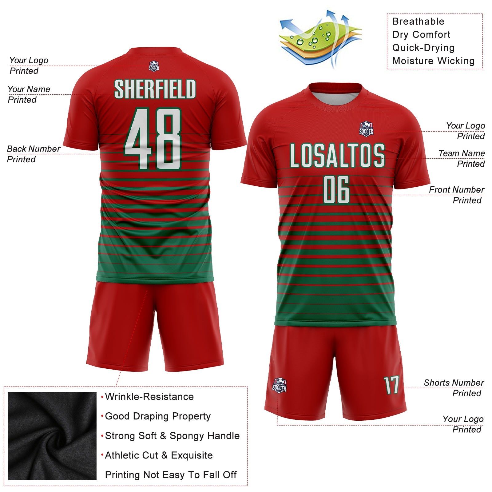 Custom Red White-Kelly Green Pinstripe Fade Fashion Sublimation Soccer Uniform Jersey view 3