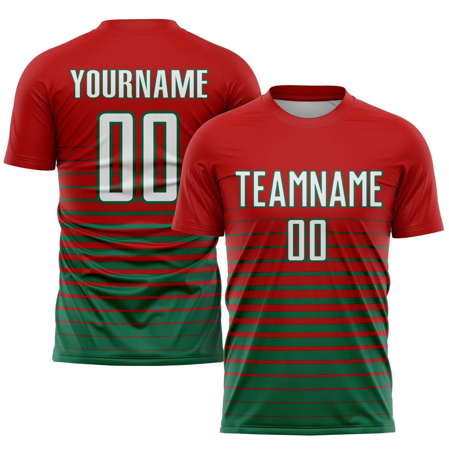 Custom Red White-Kelly Green Pinstripe Fade Fashion Sublimation Soccer Uniform Jersey - Main View