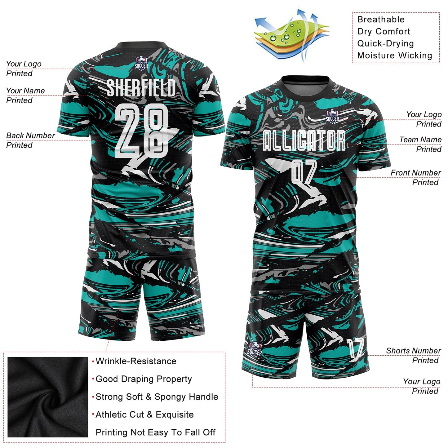Custom Figure White-Aqua Sublimation Soccer Uniform Jersey view 3