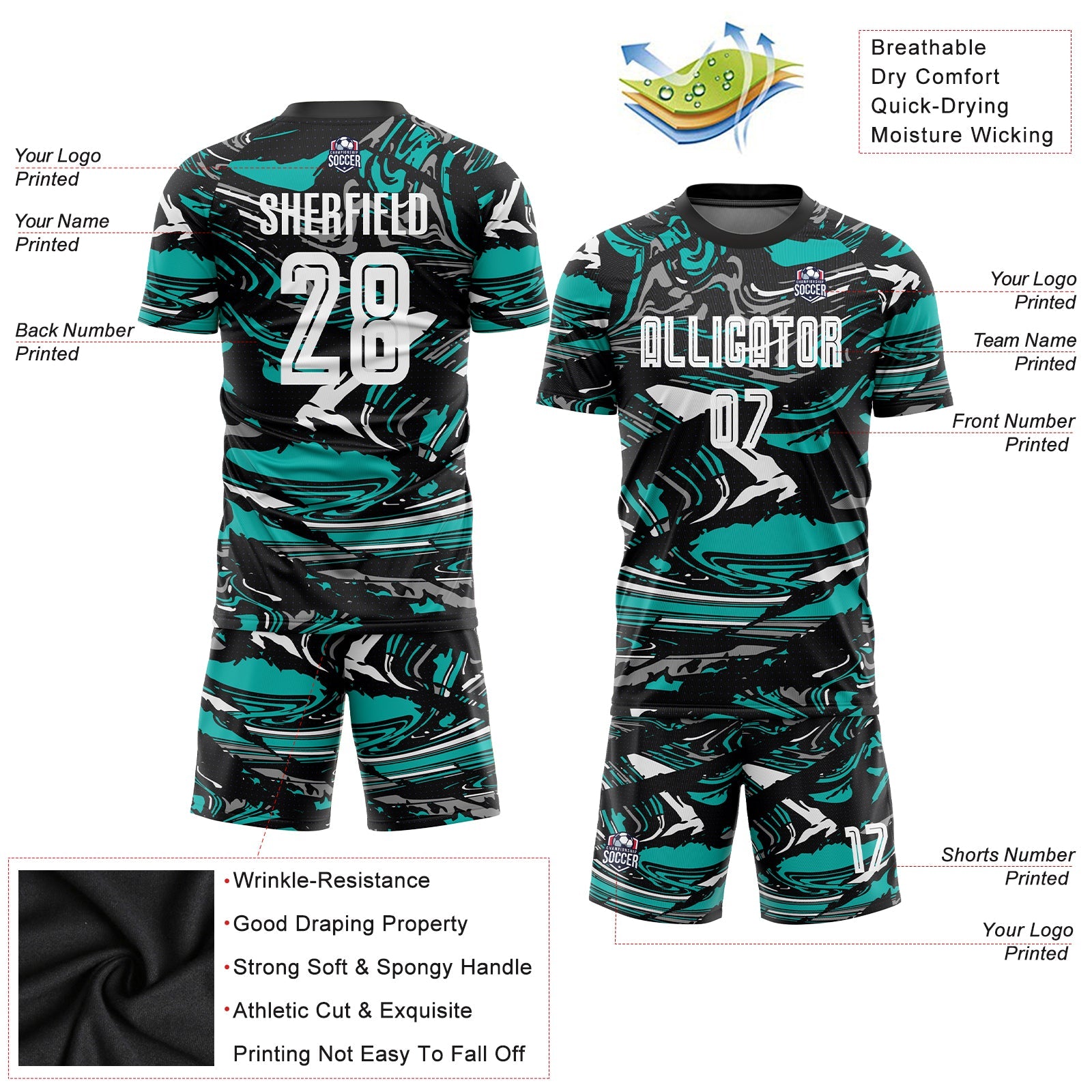 Custom Figure White-Aqua Sublimation Soccer Uniform Jersey view 3