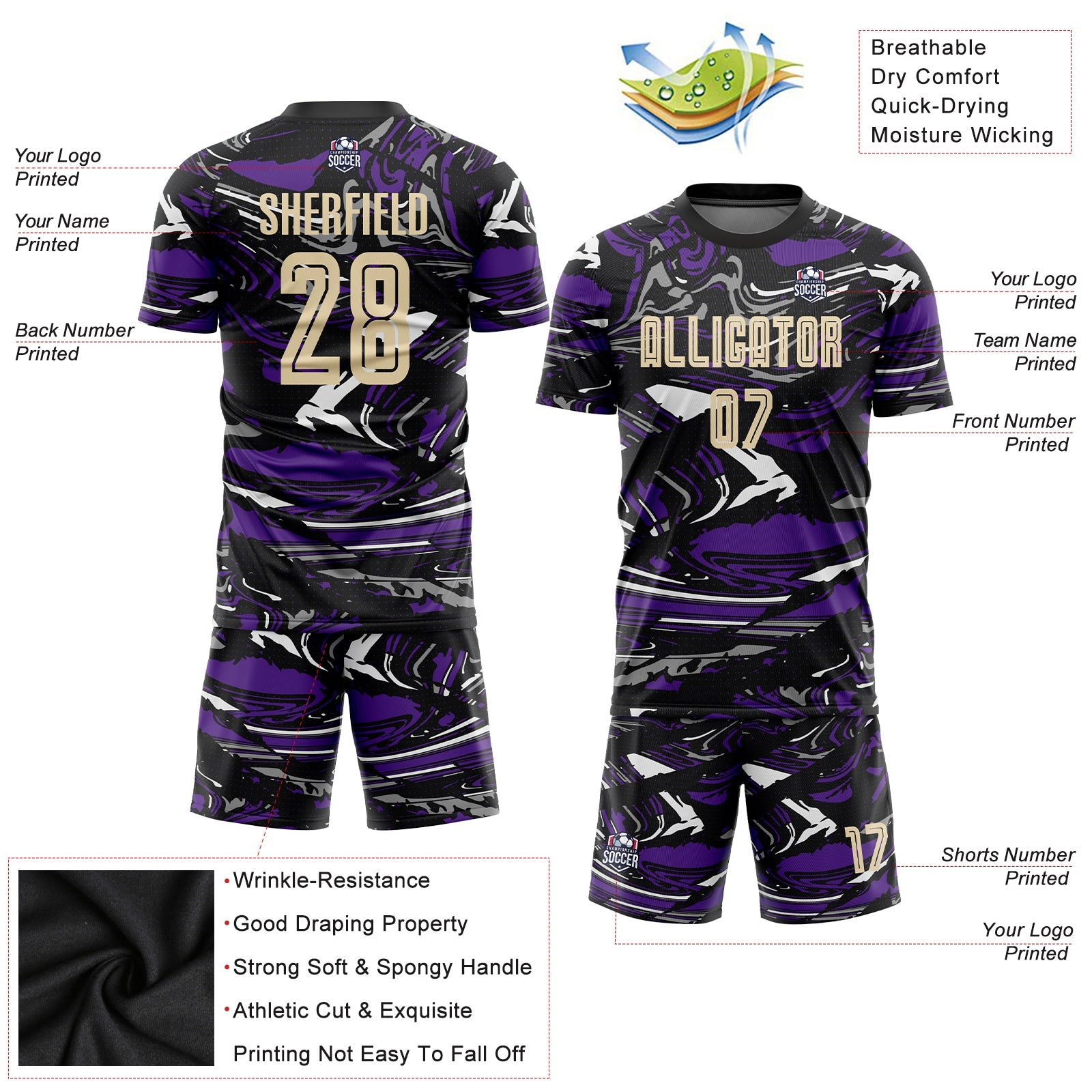 Custom Figure City Cream-Purple Sublimation Soccer Uniform Jersey view 3