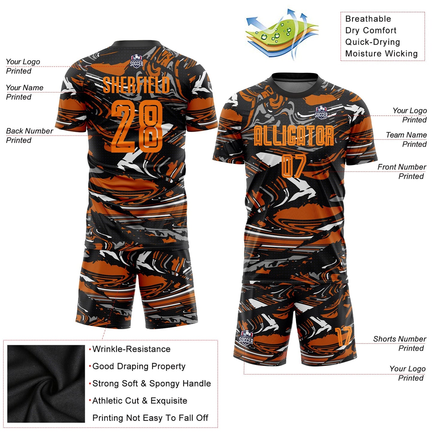 Custom Figure Bay Orange-Texas Orange Sublimation Soccer Uniform Jersey view 3