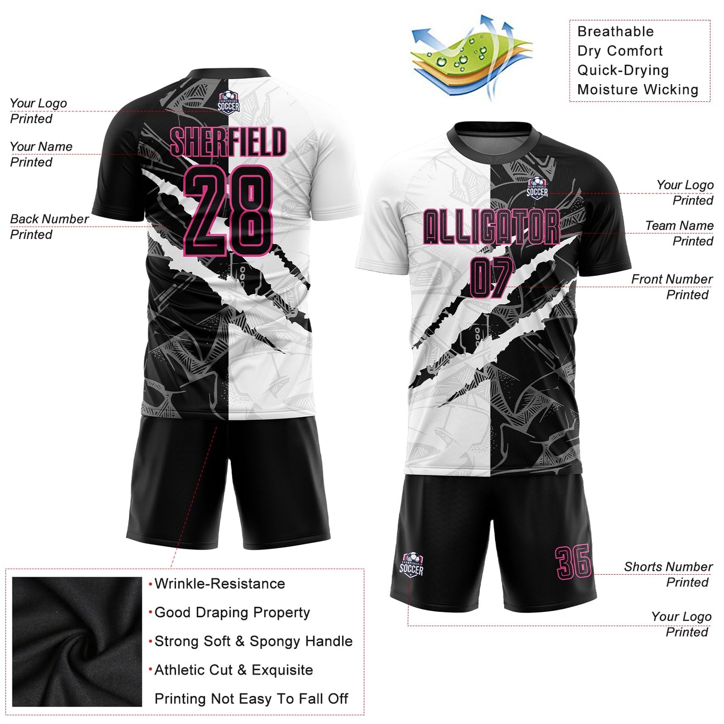 Custom Graffiti Pattern Black-Pink Scratch Sublimation Soccer Uniform Jersey view 3