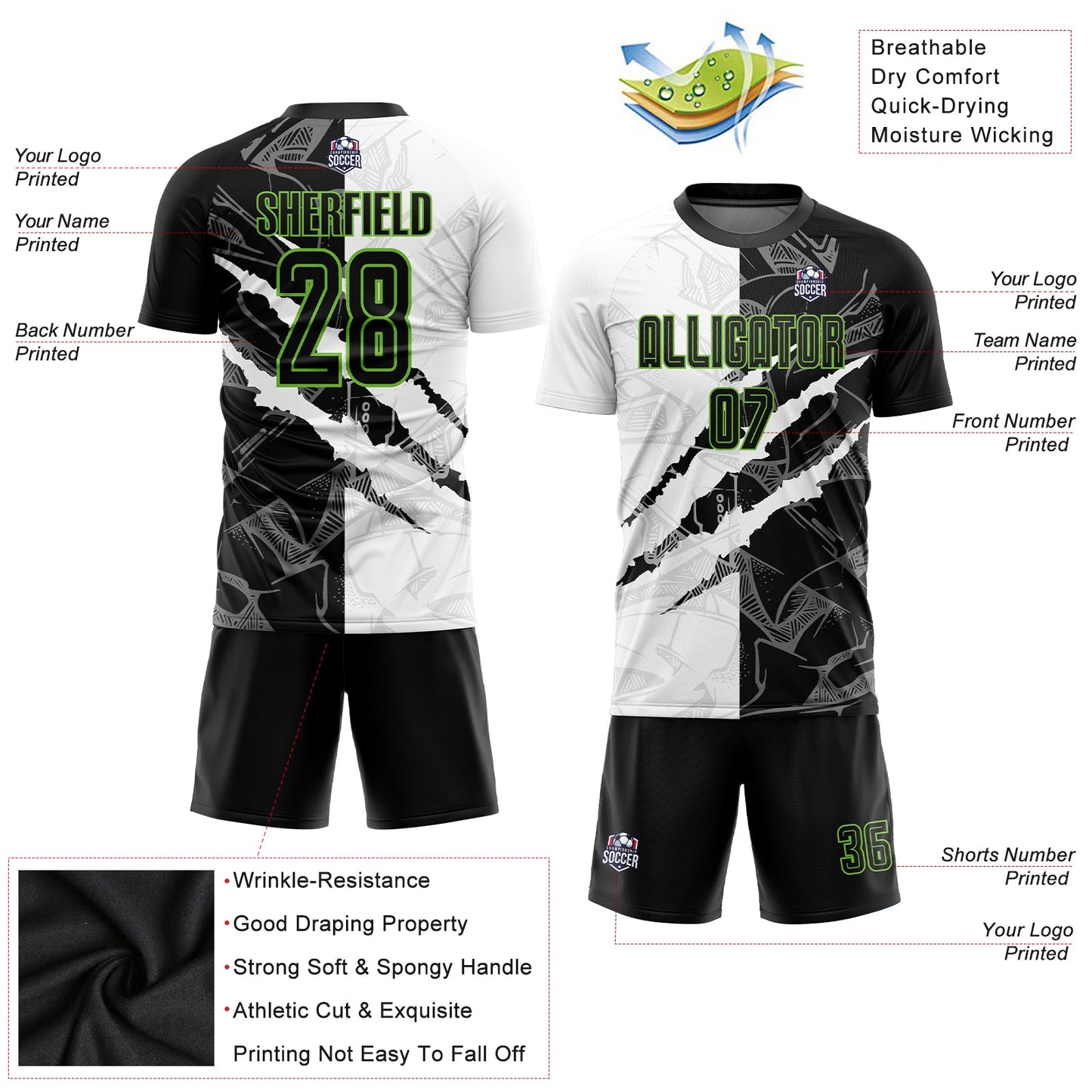 Custom Graffiti Pattern Black-Neon Green Scratch Sublimation Soccer Uniform Jersey view 3