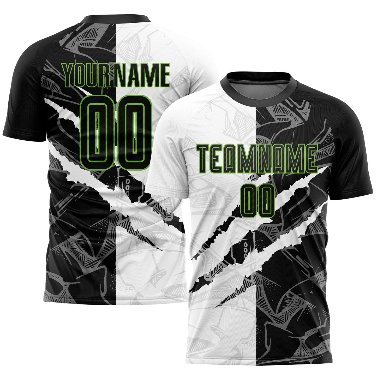 Custom Graffiti Pattern Black-Neon Green Scratch Sublimation Soccer Uniform Jersey - Main View
