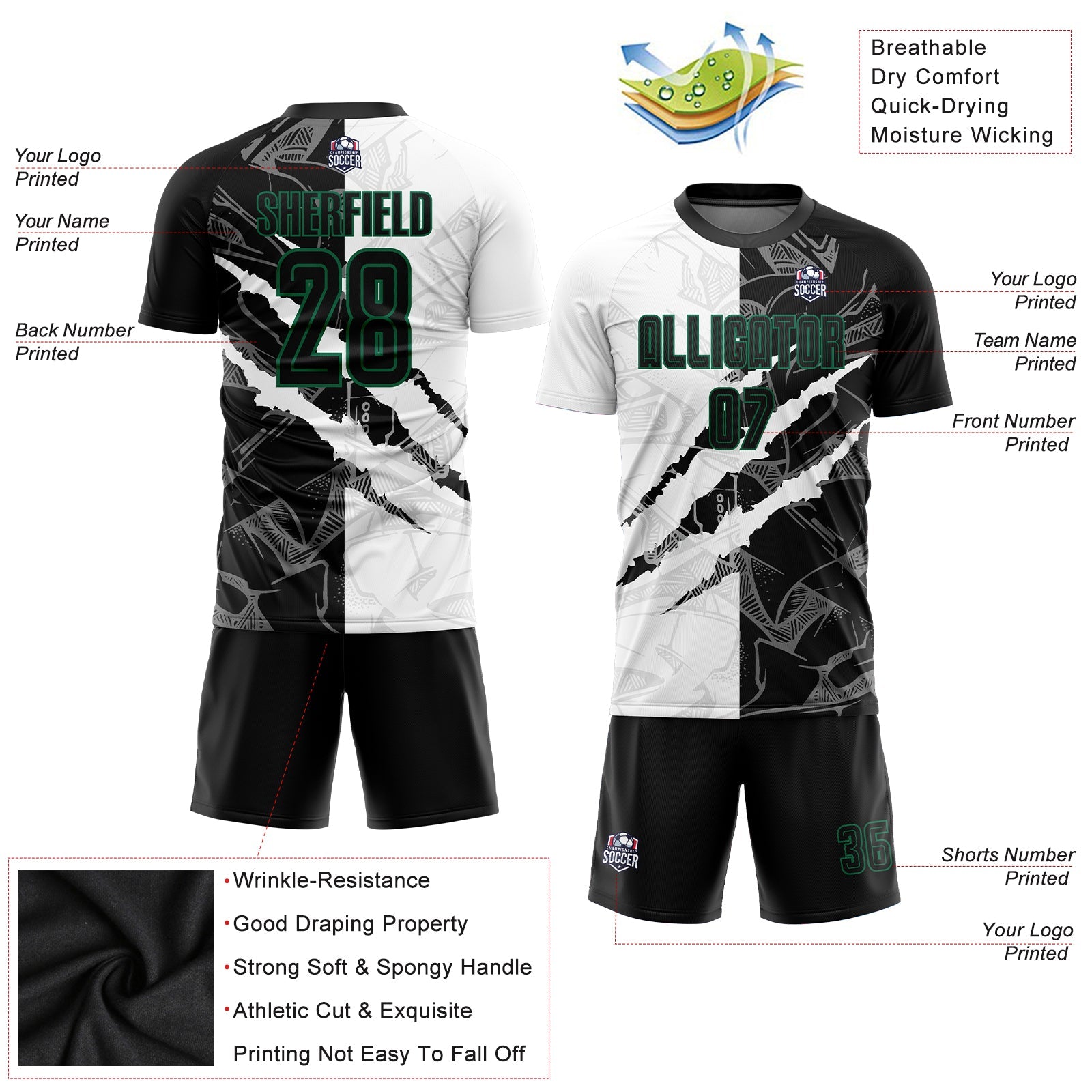 Custom Graffiti Pattern Black-Kelly Green Scratch Sublimation Soccer Uniform Jersey view 3