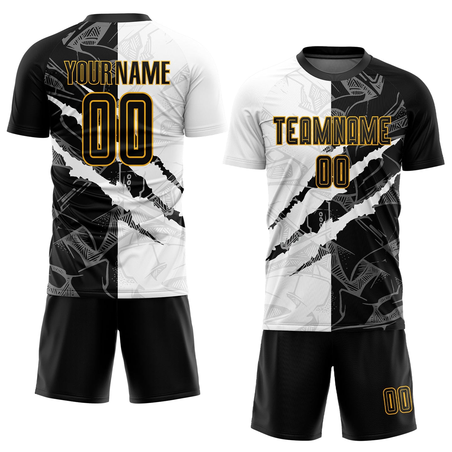 Custom Graffiti Pattern Black-Gold Scratch Sublimation Soccer Uniform Jersey view 2