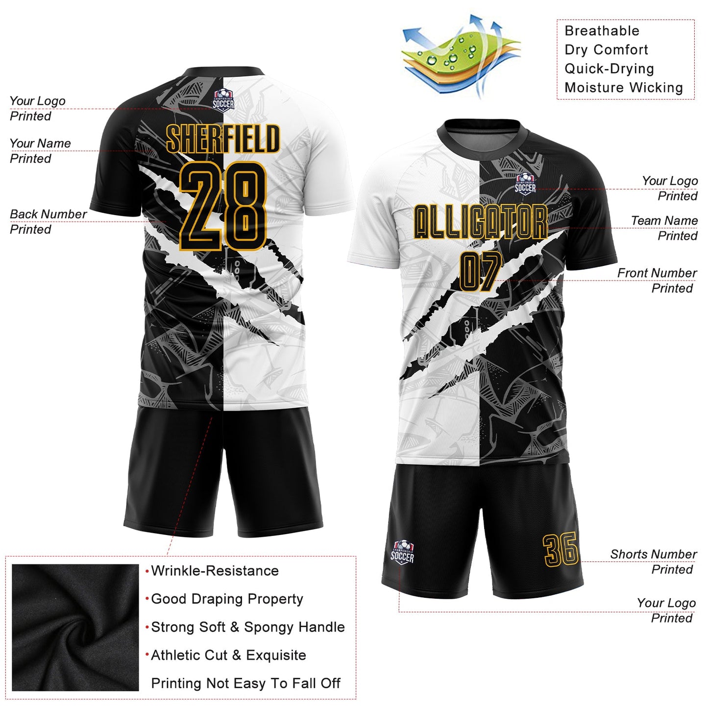 Custom Graffiti Pattern Black-Gold Scratch Sublimation Soccer Uniform Jersey view 3