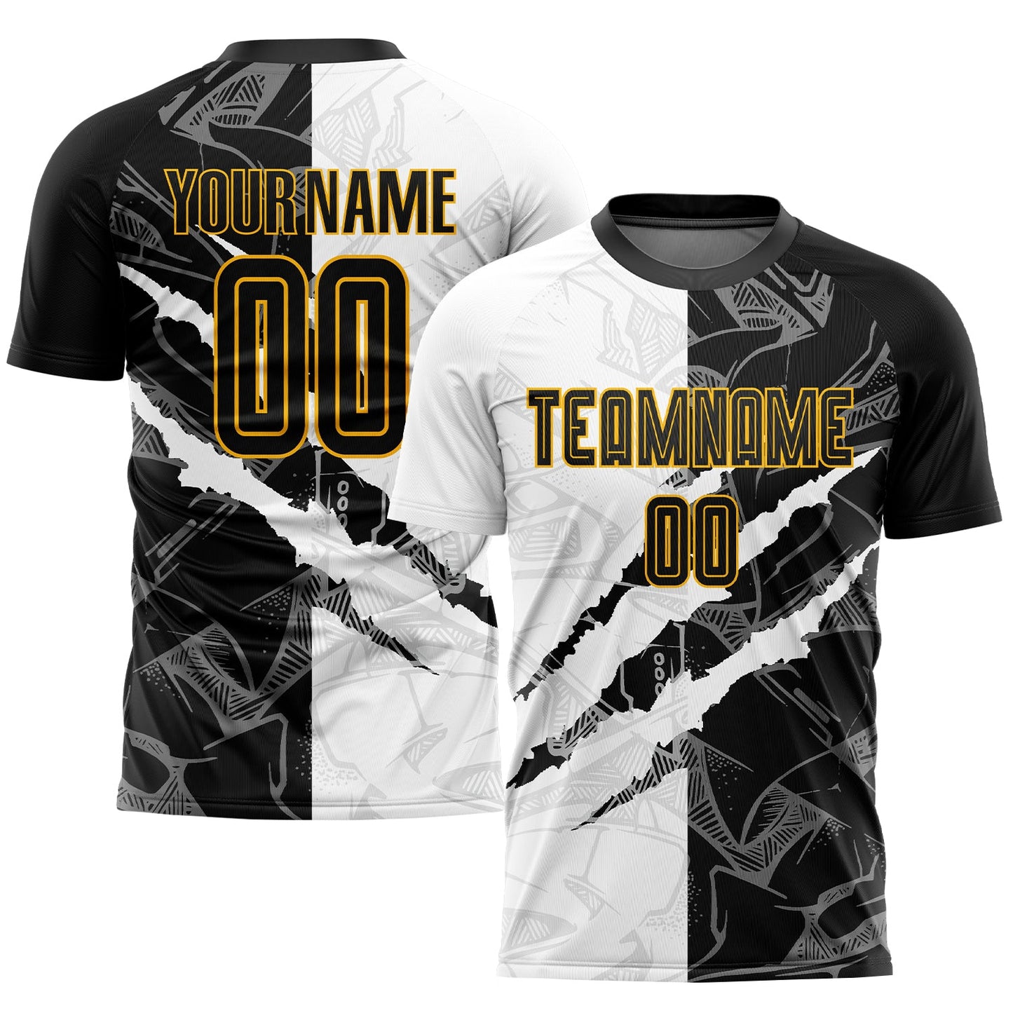 Custom Graffiti Pattern Black-Gold Scratch Sublimation Soccer Uniform Jersey - Main View