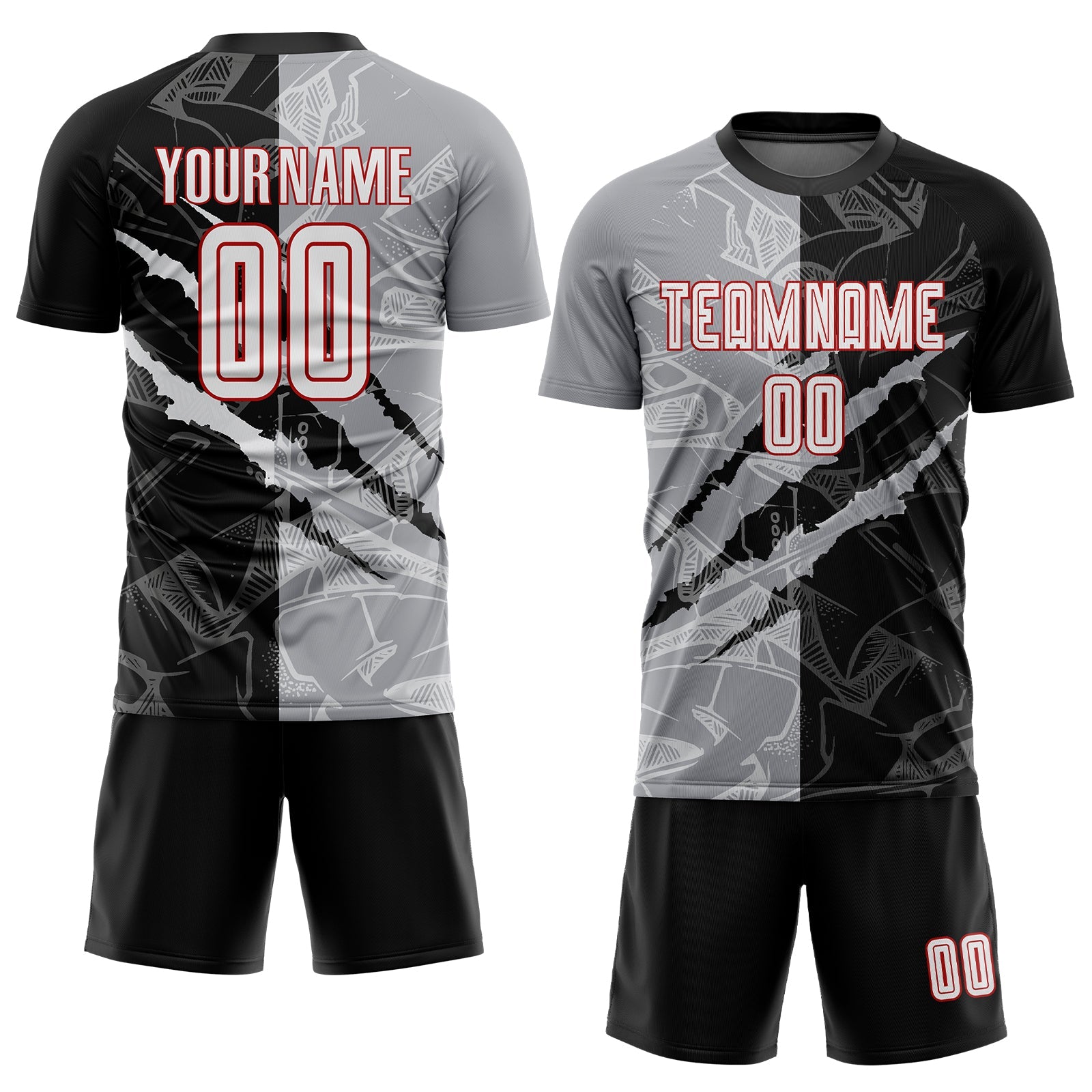 Custom Graffiti Pattern White Black Gray-Red Scratch Sublimation Soccer Uniform Jersey view 2