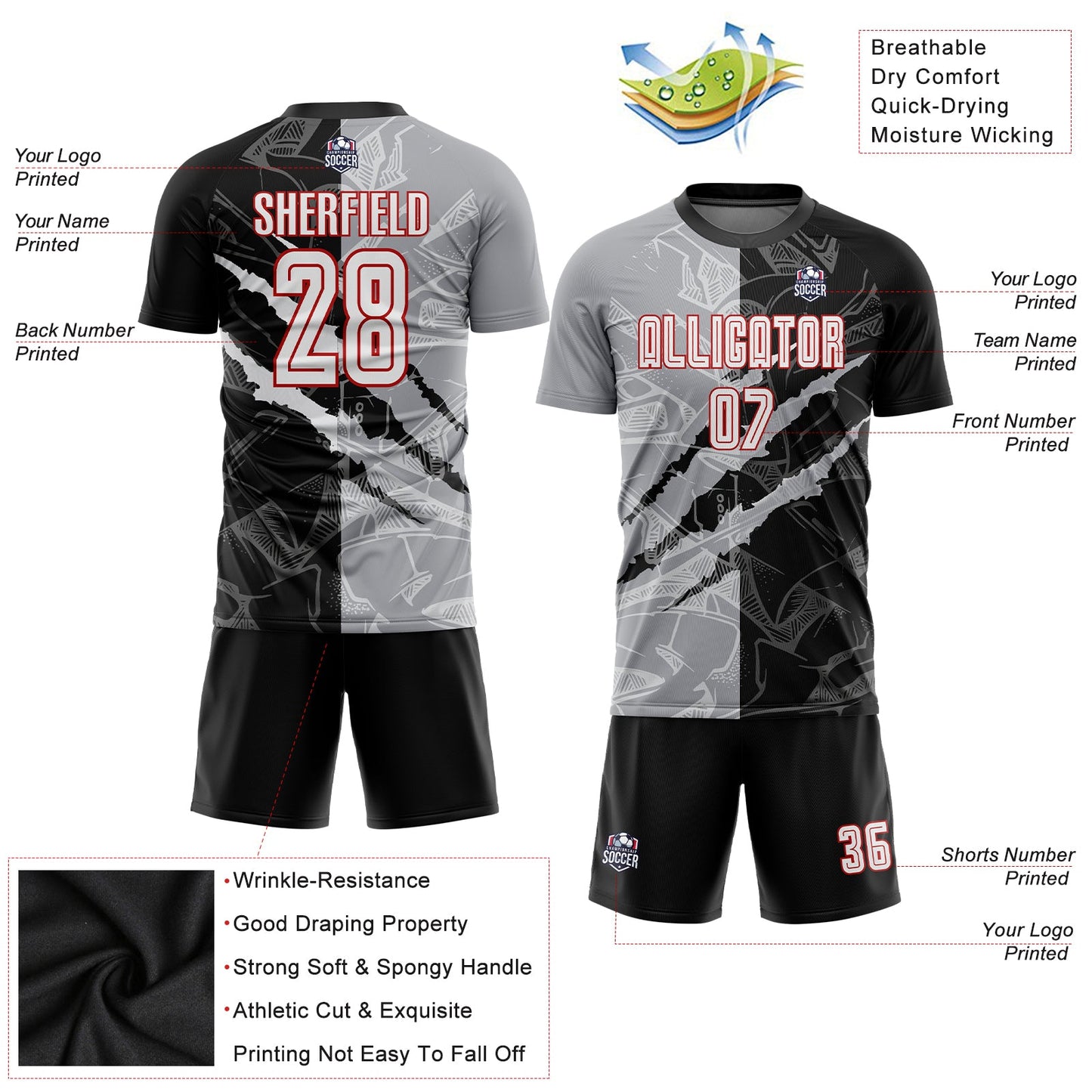 Custom Graffiti Pattern White Black Gray-Red Scratch Sublimation Soccer Uniform Jersey view 3