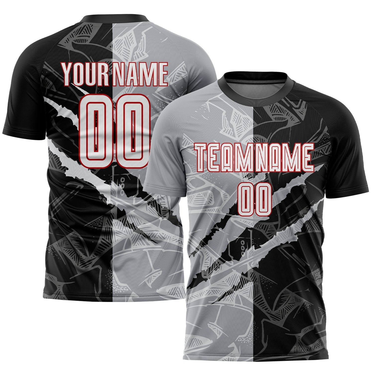 Custom Graffiti Pattern White Black Gray-Red Scratch Sublimation Soccer Uniform Jersey - Main View
