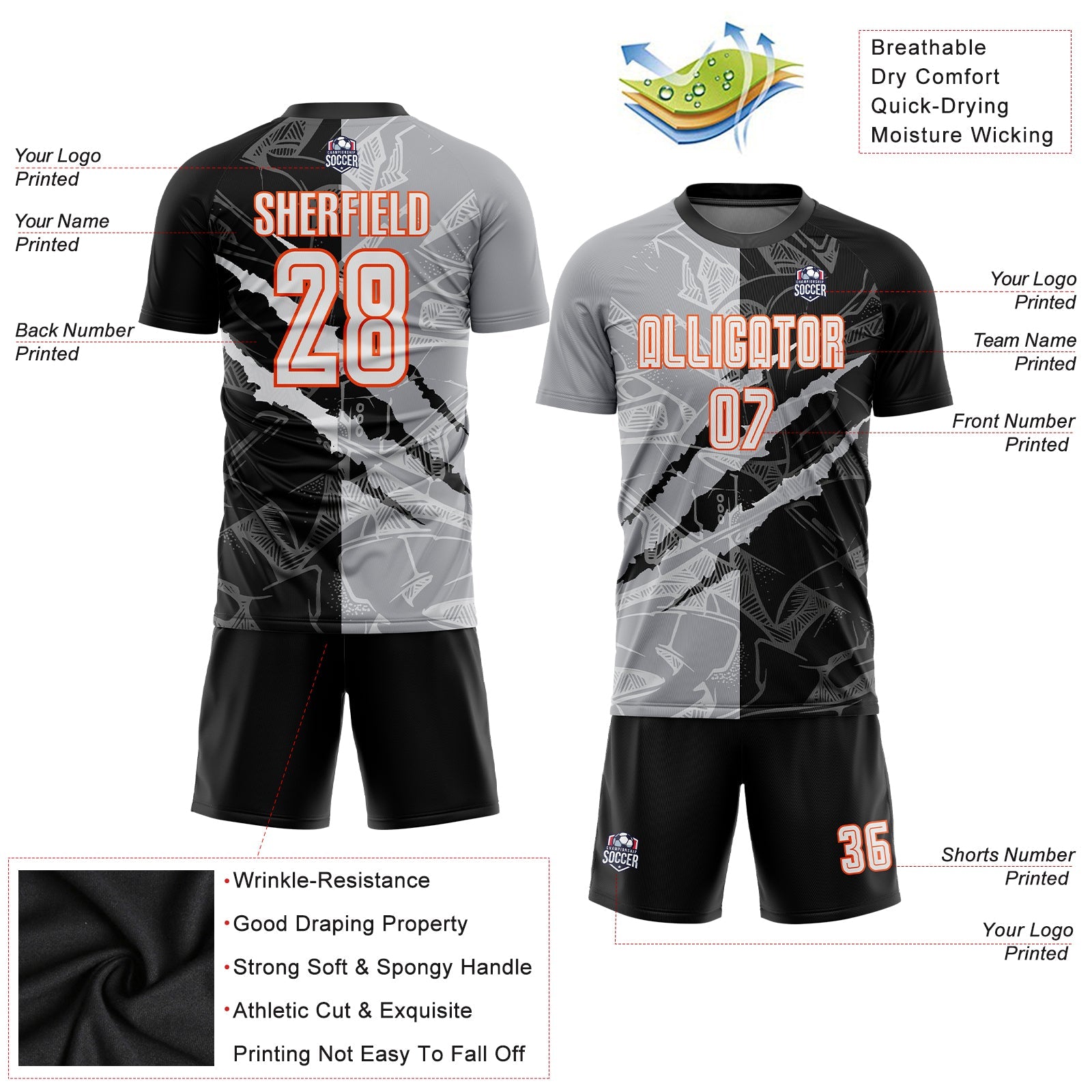 Custom Graffiti Pattern White Black Gray-Orange Scratch Sublimation Soccer Uniform Jersey view 3